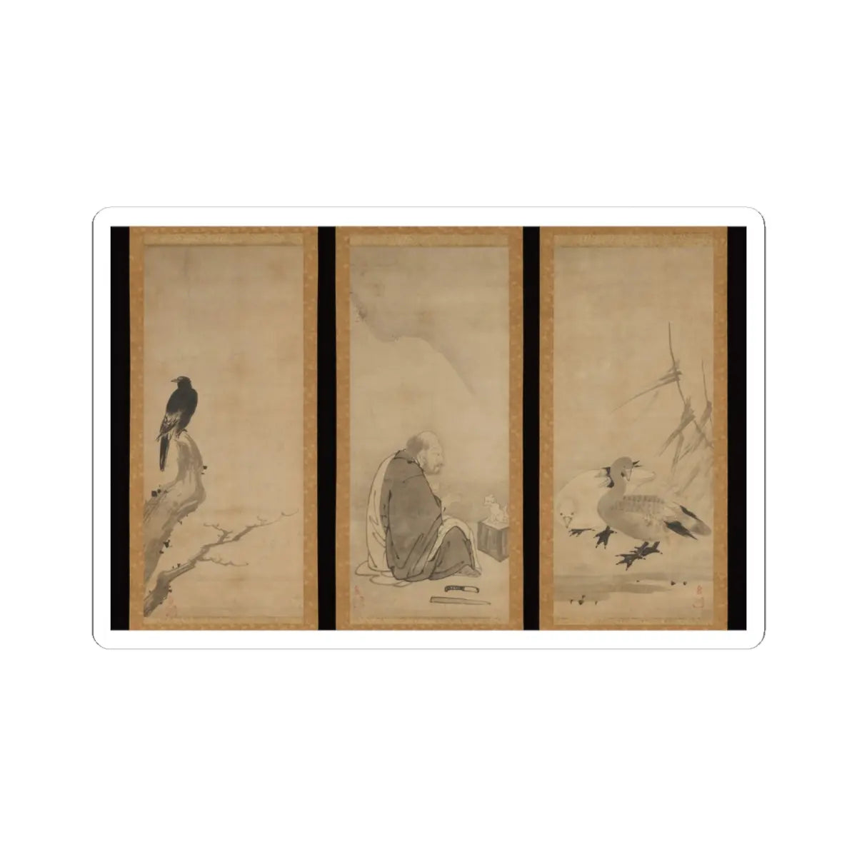 Unkoku Tōeki - Monk Zhaozhou and Dog, with Geese and Mynah - first half 17th century v1 - STICKER Vinyl Kiss-Cut Decal