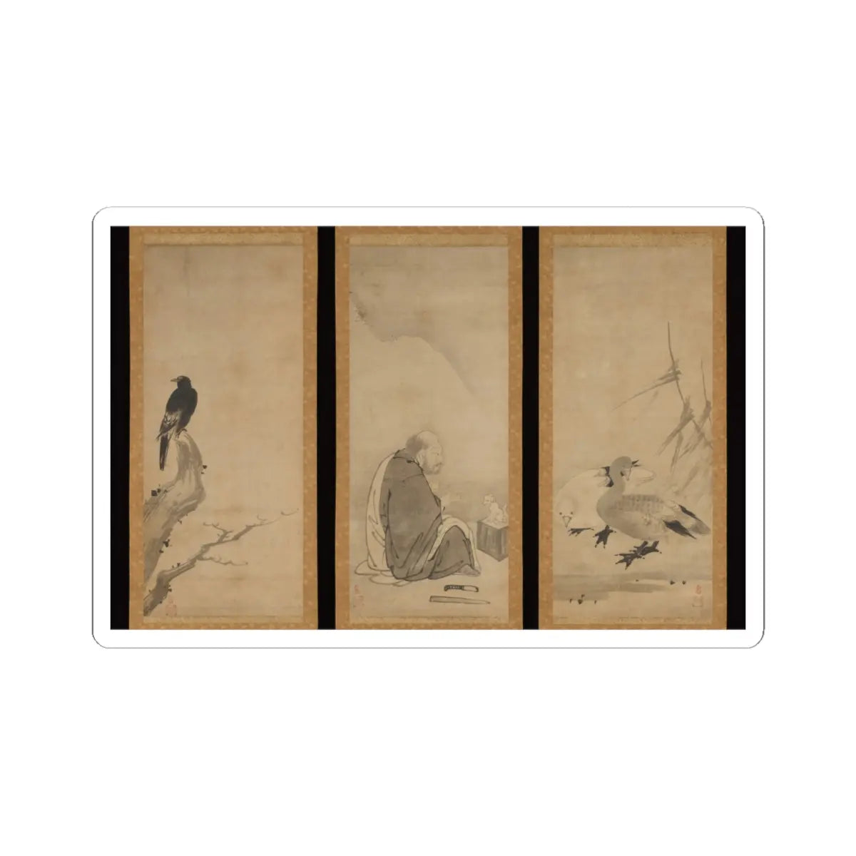 Unkoku Tōeki - Monk Zhaozhou and Dog, with Geese and Mynah - first half 17th century v1 - STICKER Vinyl Kiss-Cut Decal