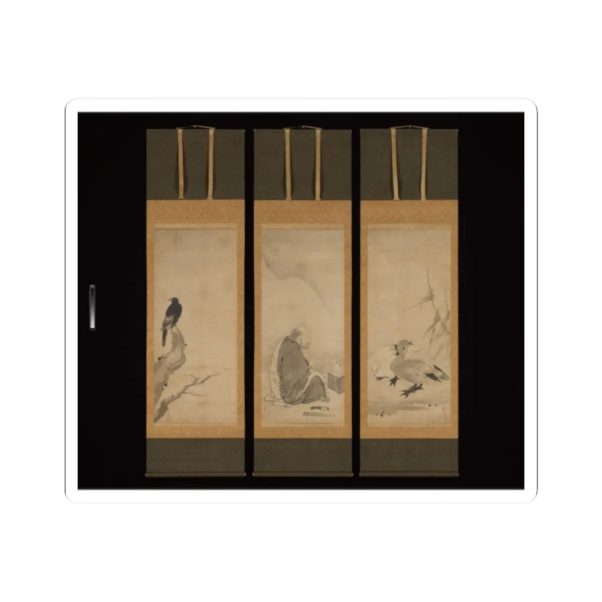 Triptych of hanging scrolls showing a black bird on a plum branch, a seated sage and a pair of ducks by reeds.