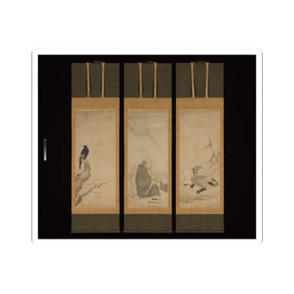 Triptych of hanging scrolls showing a black bird on a plum branch, a seated sage and a pair of ducks by reeds.