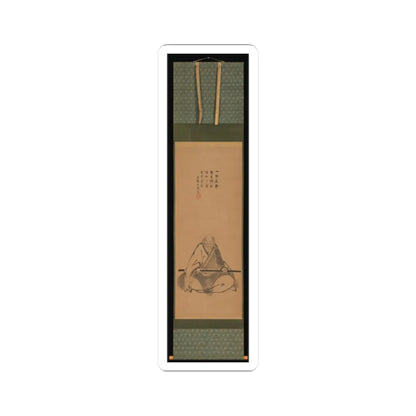 Ink painting on a hanging scroll of a seated elderly monk in flowing robes, with a staff laid across his knees.