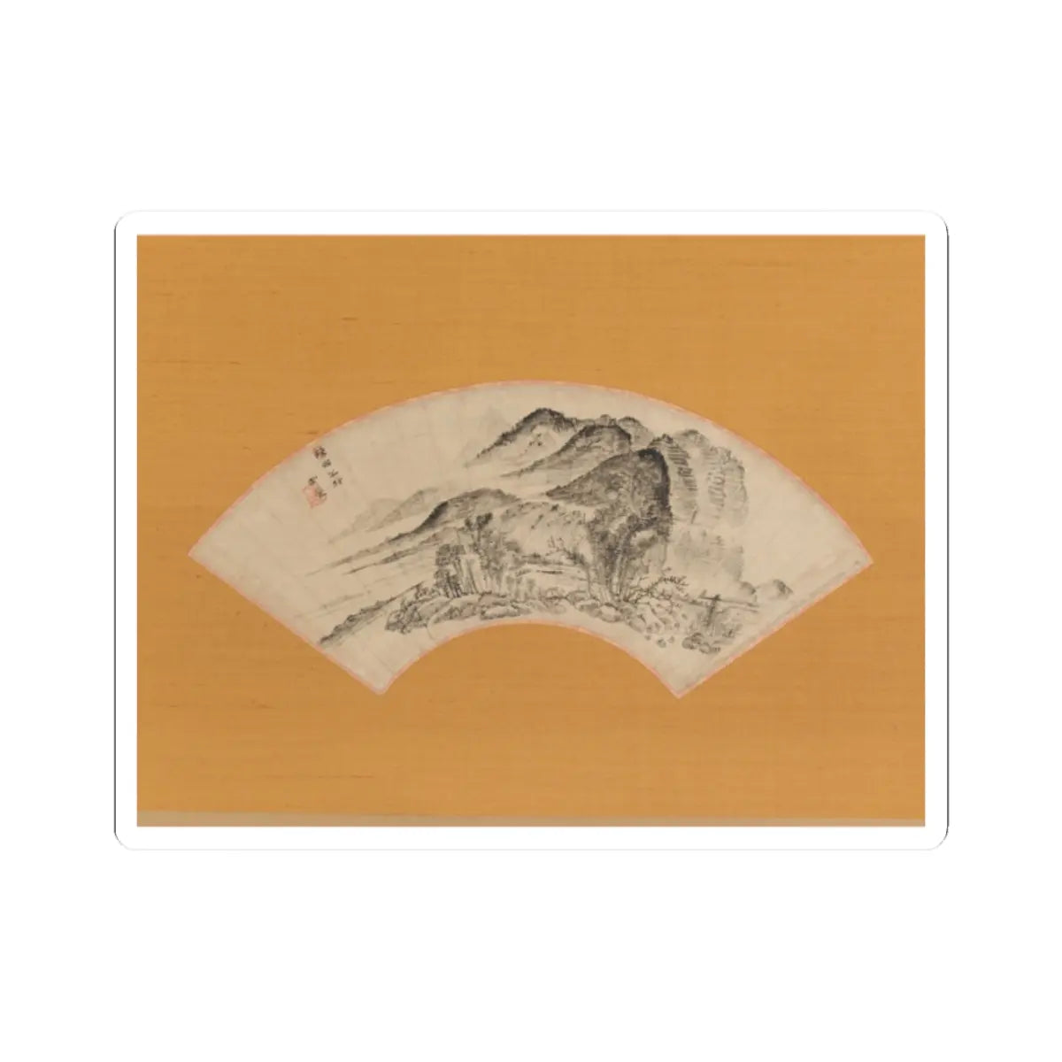 Monochrome ink landscape on a fan-shaped leaf of layered mountains and trees, set against a saffron yellow ground.