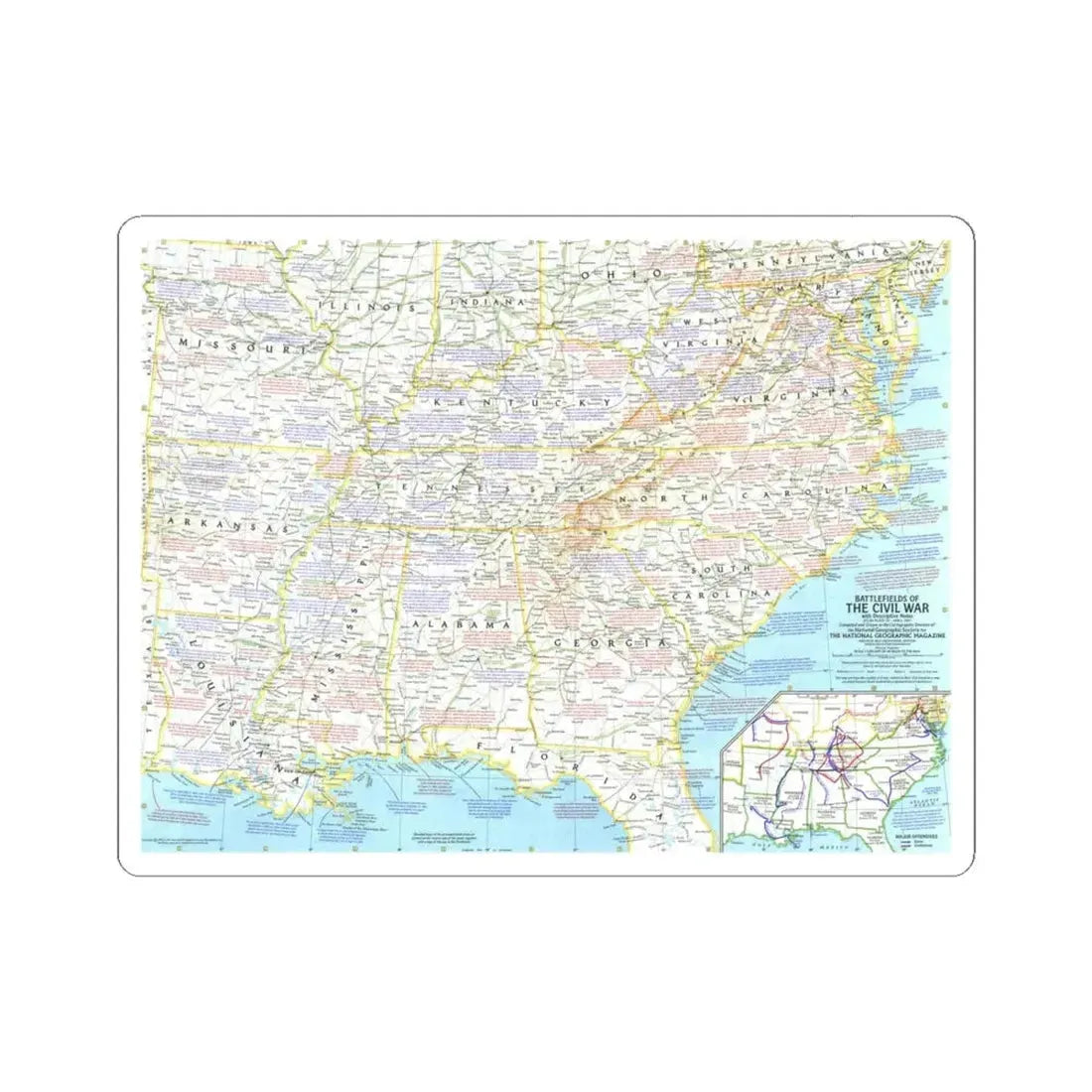 USA - Battlefields of the Civil War 1 (1961) (Map) STICKER Vinyl Kiss-Cut Decal 6 Inch White - The Sticker Space
