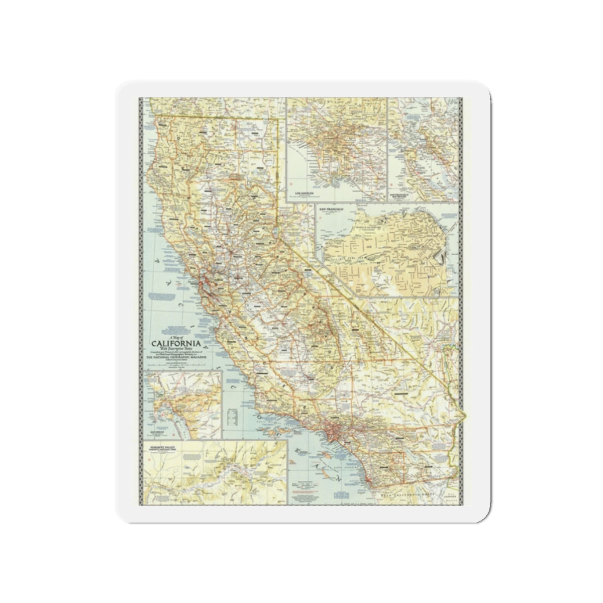 USA - California (1954) (Map) Refrigerator Magnet-2" x 2"-The Sticker Space