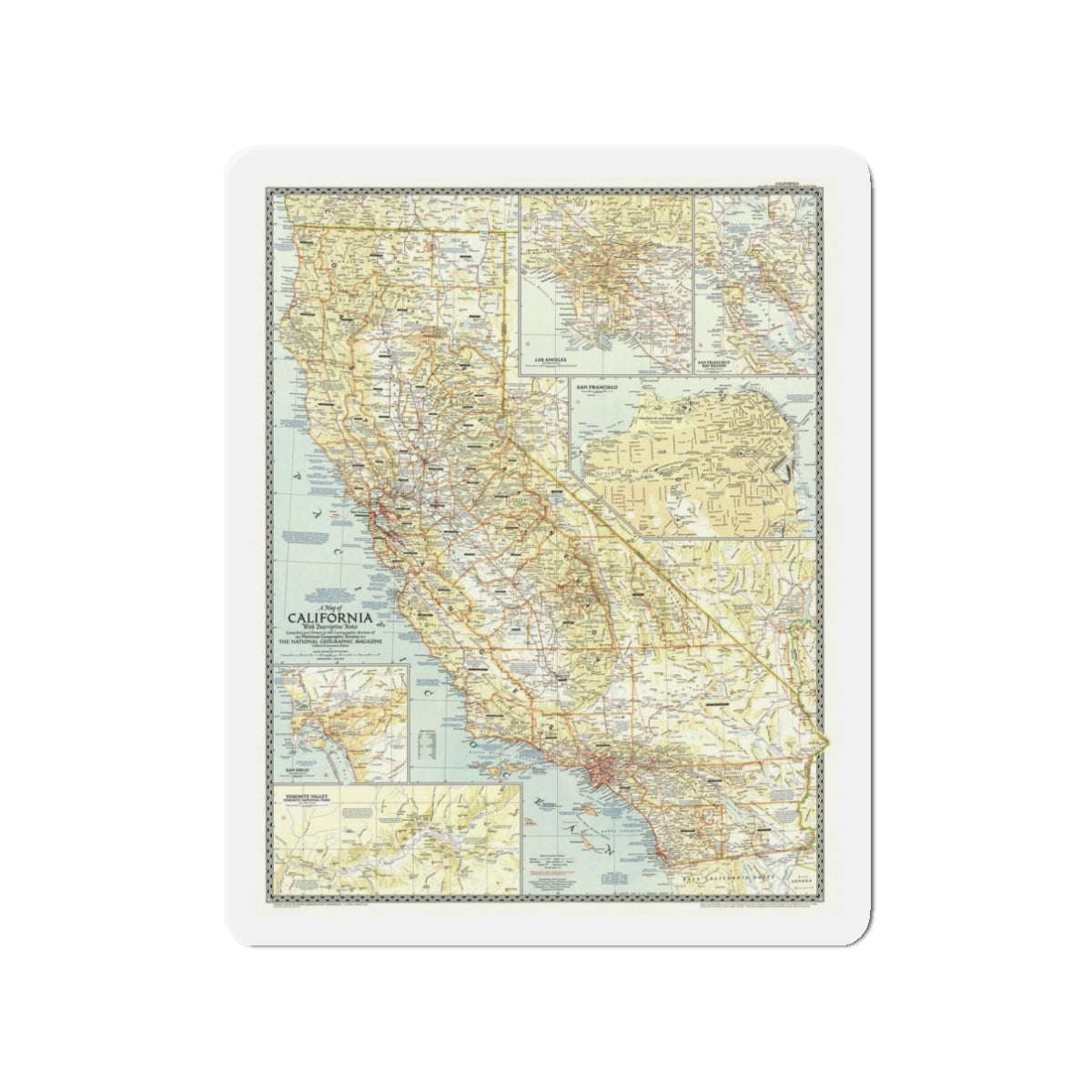 USA - California (1954) (Map) Refrigerator Magnet-3" x 3"-The Sticker Space