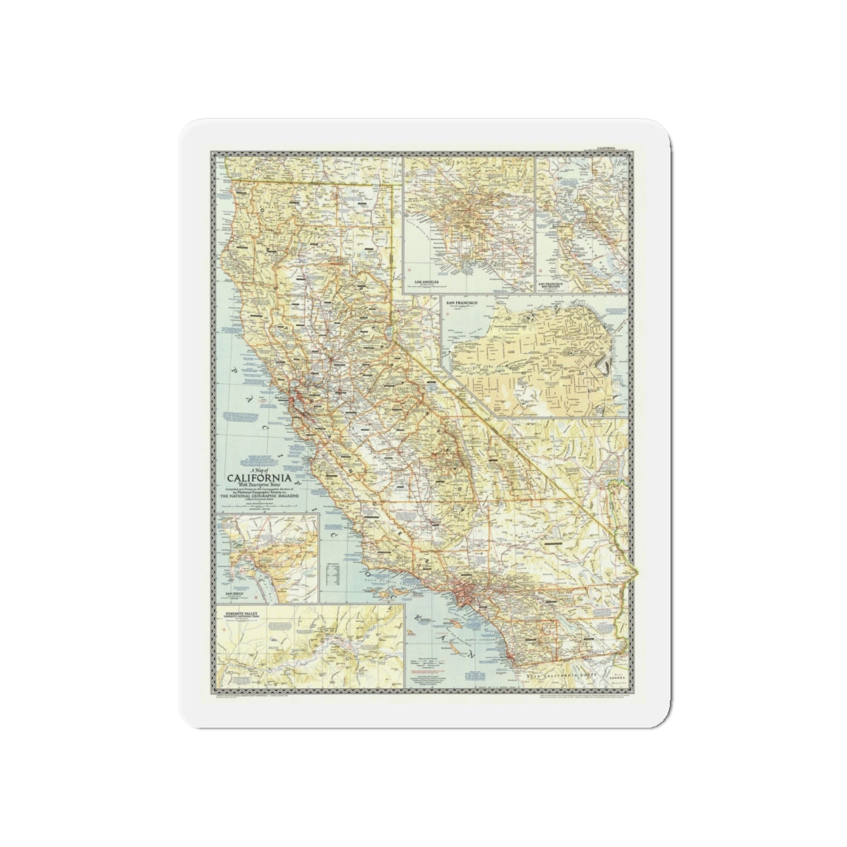 USA - California (1954) (Map) Refrigerator Magnet-4" x 4"-The Sticker Space