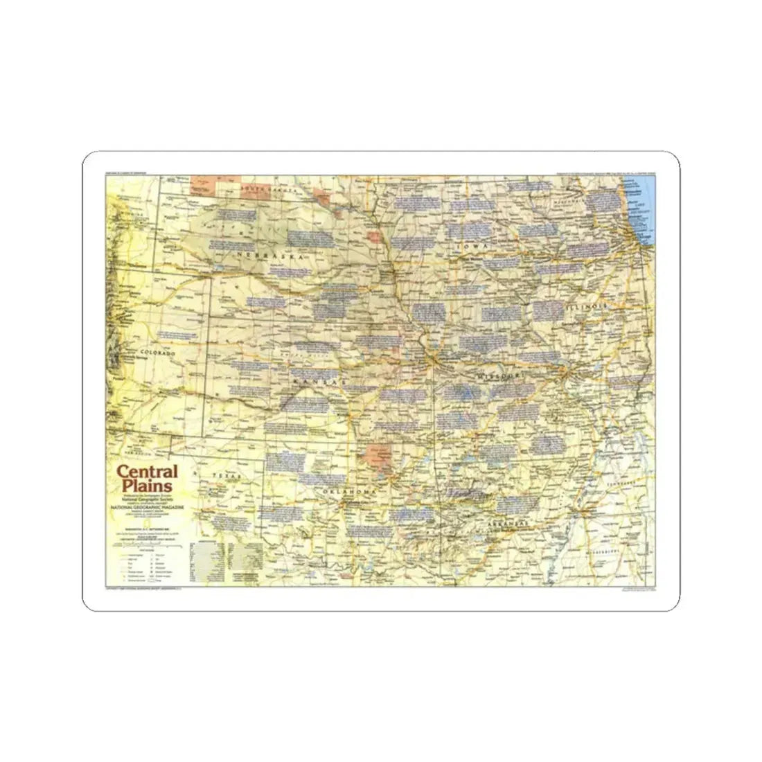 USA - Central Plains 1 (1985) (Map) STICKER Vinyl Kiss-Cut Decal 2 Inch White - The Sticker Space