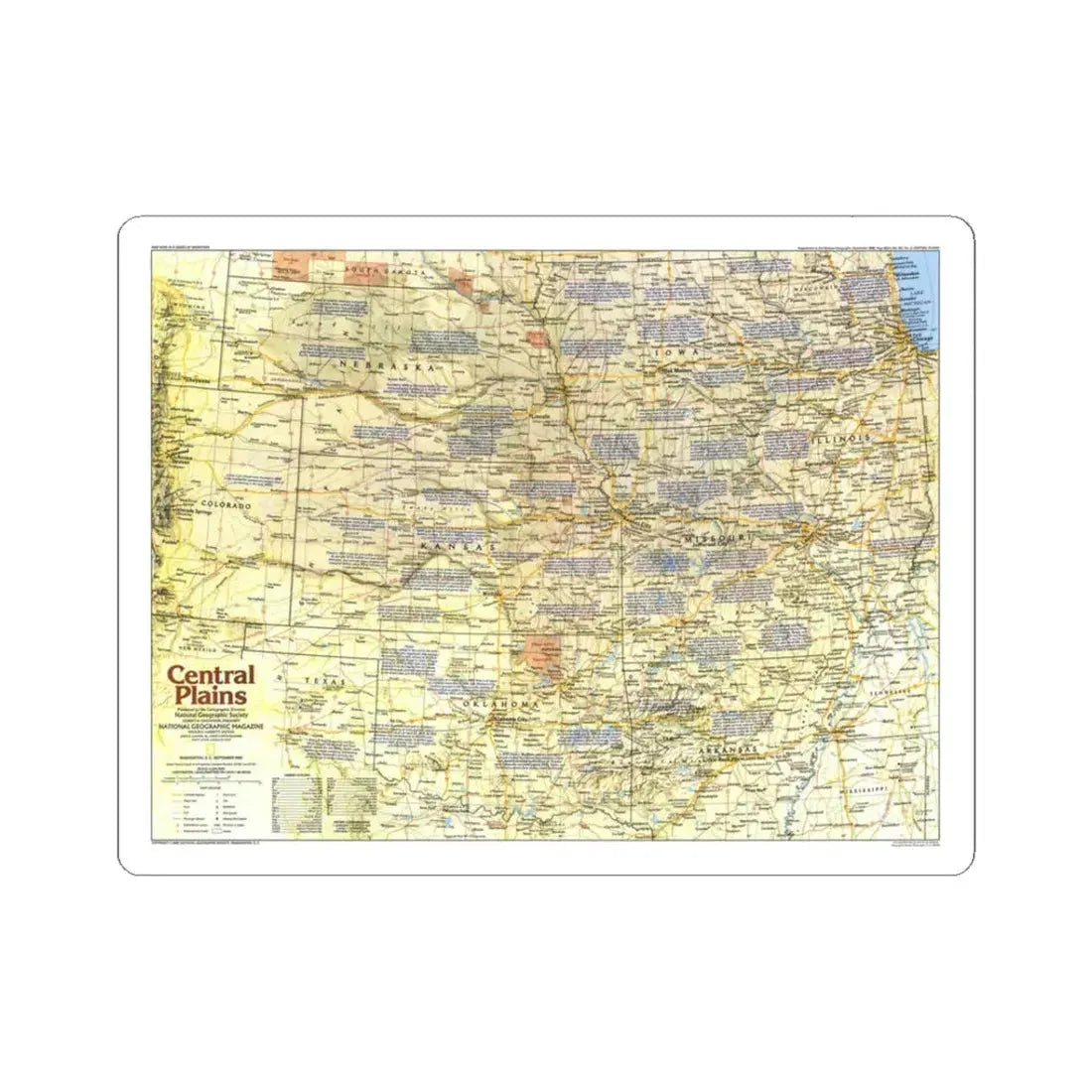 USA - Central Plains 1 (1985) (Map) STICKER Vinyl Kiss-Cut Decal 3 Inch White - The Sticker Space