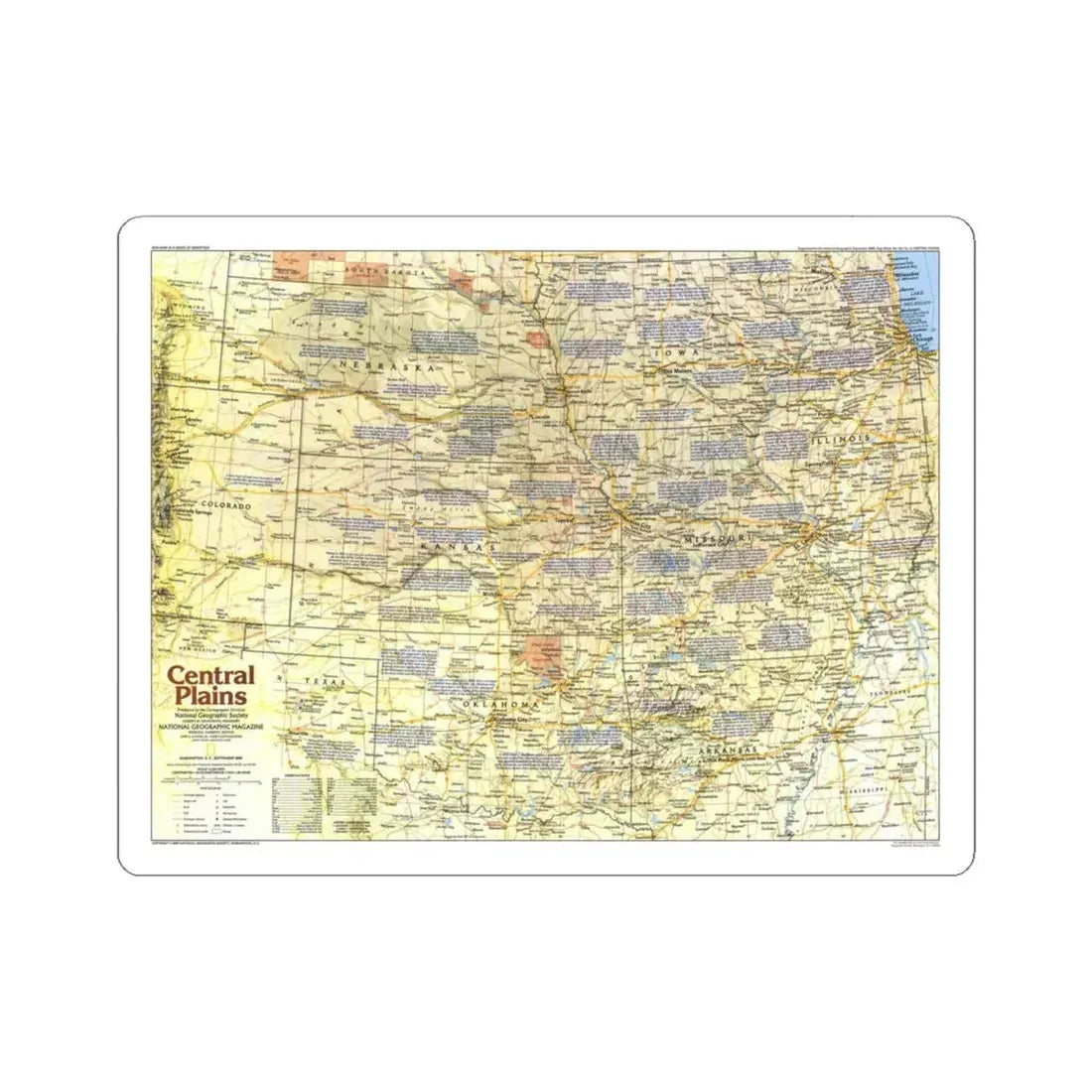 USA - Central Plains 1 (1985) (Map) STICKER Vinyl Kiss-Cut Decal 4 Inch White - The Sticker Space