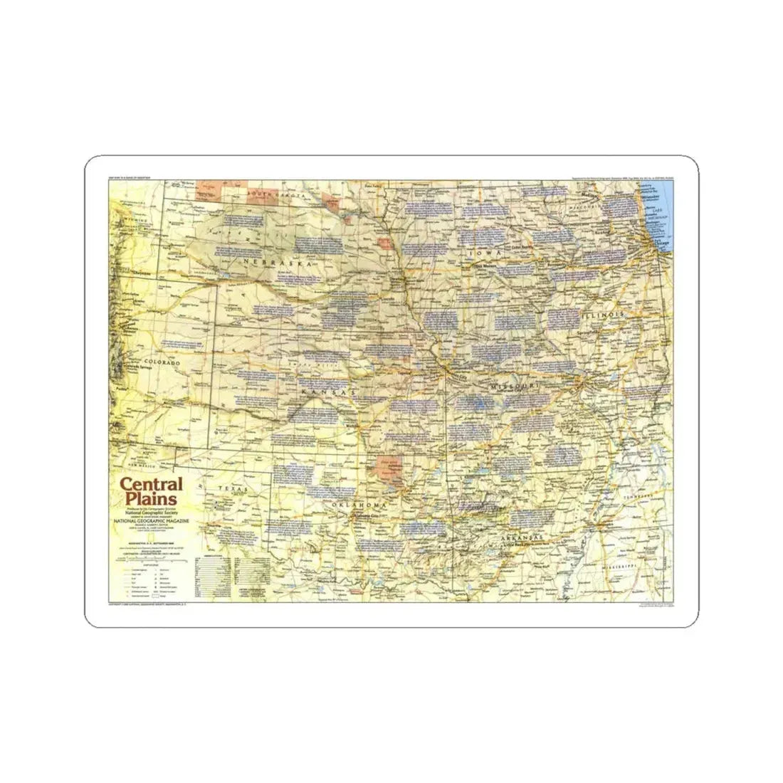 USA - Central Plains 1 (1985) (Map) STICKER Vinyl Kiss-Cut Decal 6 Inch White - The Sticker Space