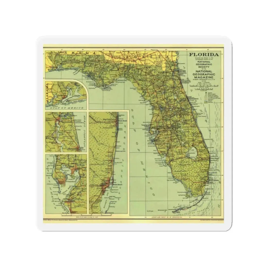 USA - Florida (1930) (Map) Refrigerator Magnet 2 Inch - The Sticker Space