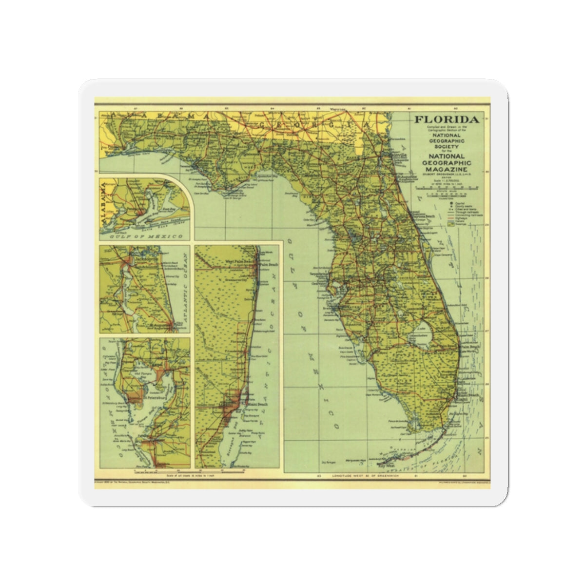 USA - Florida (1930) (Map) Refrigerator Magnet-2" x 2"-The Sticker Space