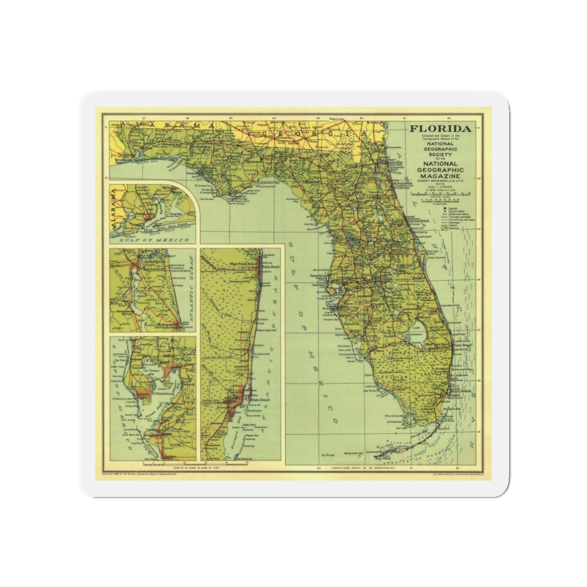 USA - Florida (1930) (Map) Refrigerator Magnet-3" x 3"-The Sticker Space