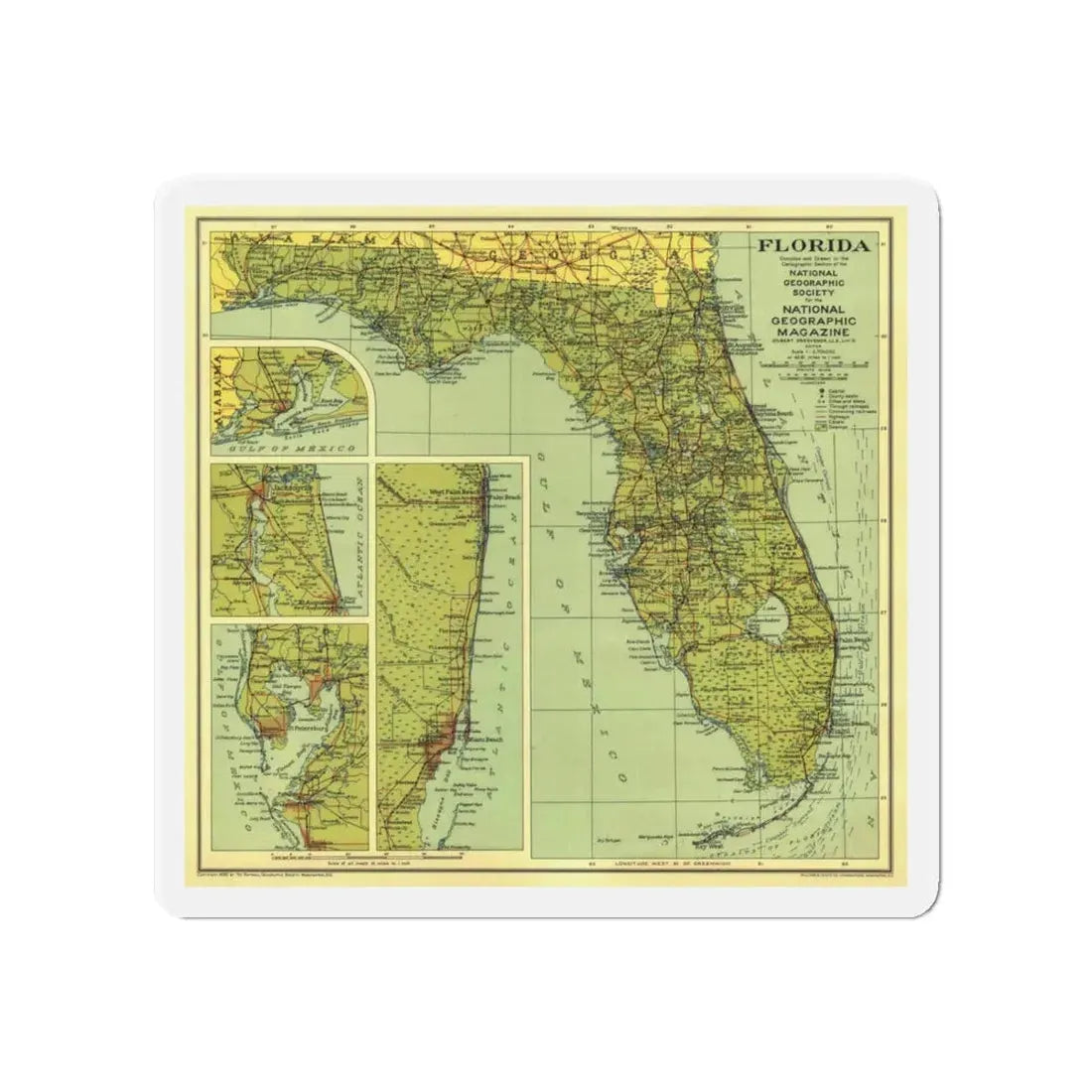 USA - Florida (1930) (Map) Refrigerator Magnet 4 Inch - The Sticker Space