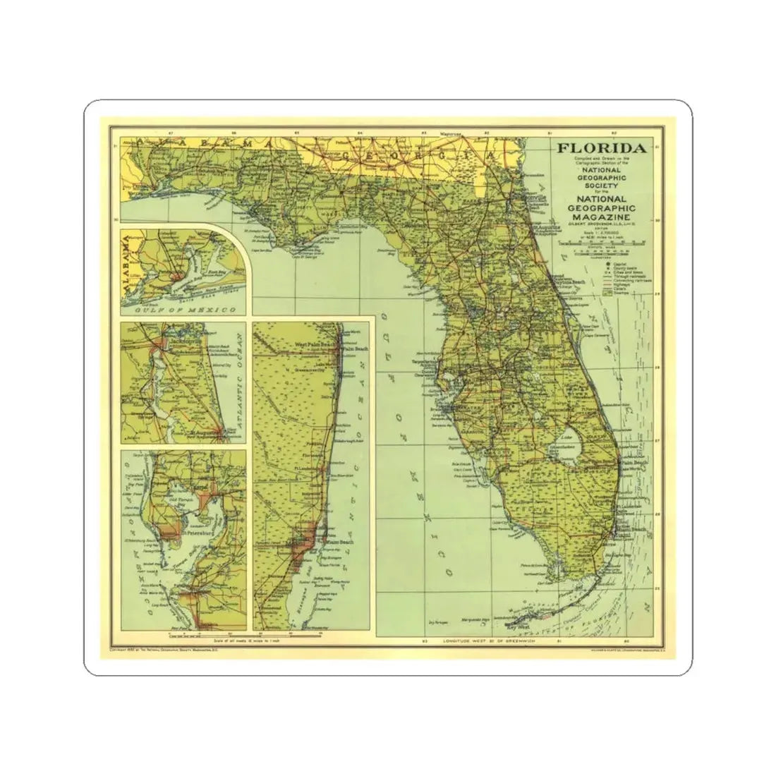 USA - Florida (1930) (Map) STICKER Vinyl Kiss-Cut Decal 6 Inch White - The Sticker Space