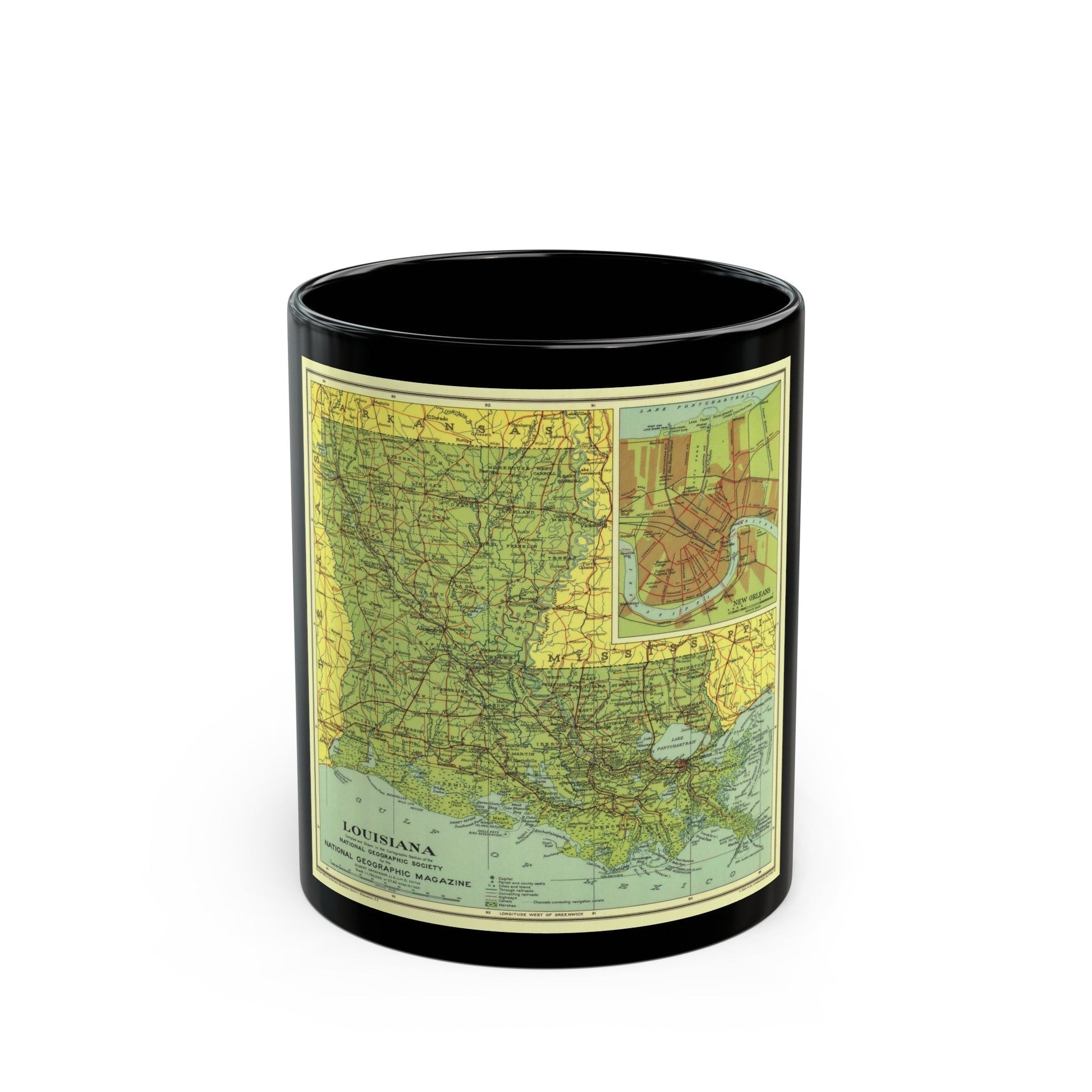 USA - Louisiana (1930) (Map) Black Coffee Mug-11oz-The Sticker Space