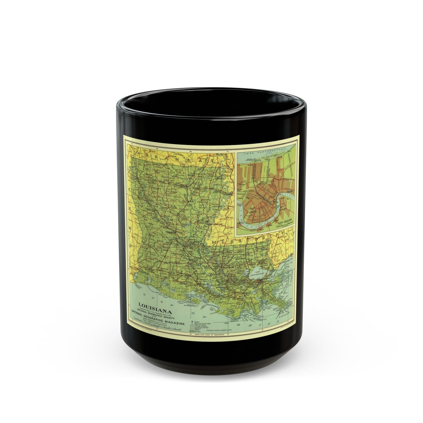 USA - Louisiana (1930) (Map) Black Coffee Mug-15oz-The Sticker Space