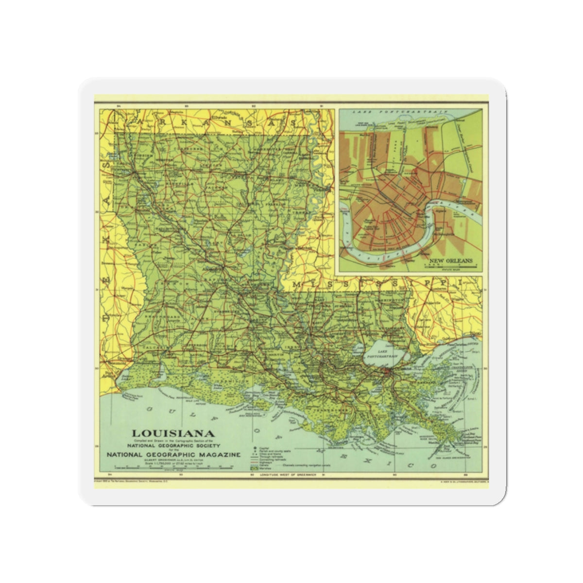 USA - Louisiana (1930) (Map) Refrigerator Magnet-2" x 2"-The Sticker Space