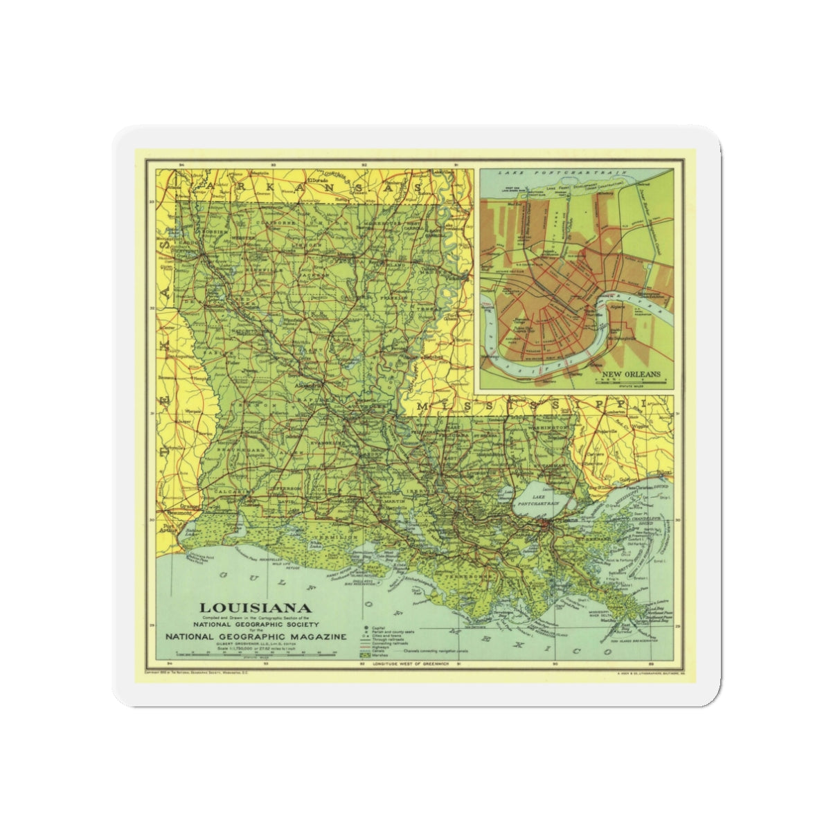 USA - Louisiana (1930) (Map) Refrigerator Magnet-3" x 3"-The Sticker Space