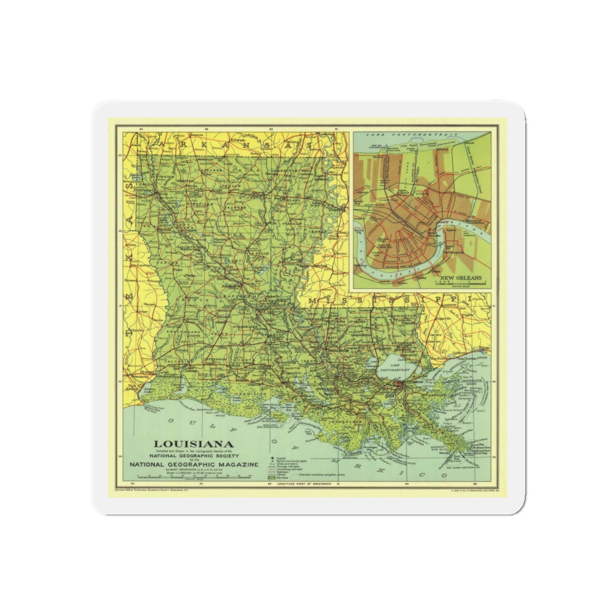 USA - Louisiana (1930) (Map) Refrigerator Magnet-5" x 5"-The Sticker Space