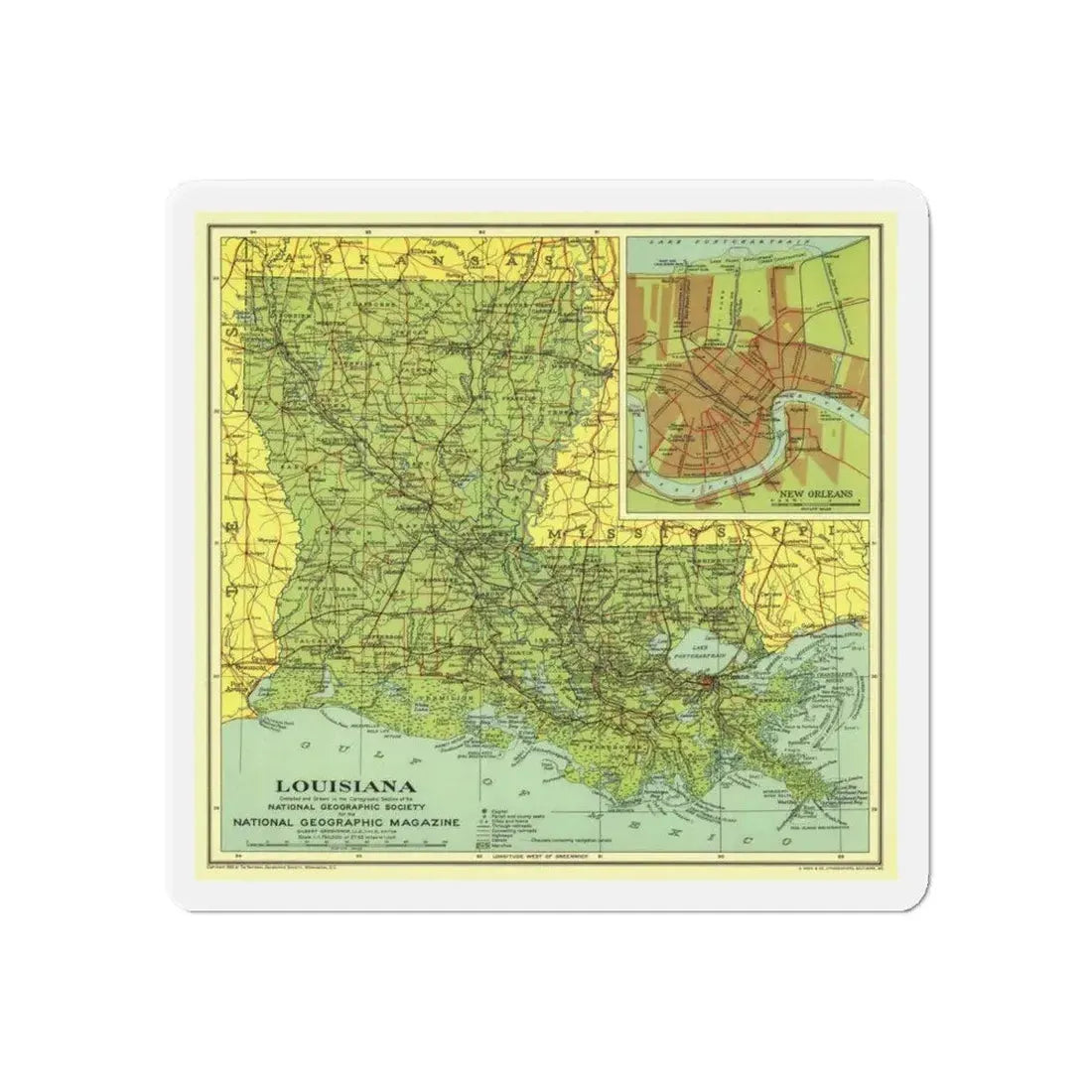 USA - Louisiana (1930) (Map) Refrigerator Magnet 6 Inch - The Sticker Space