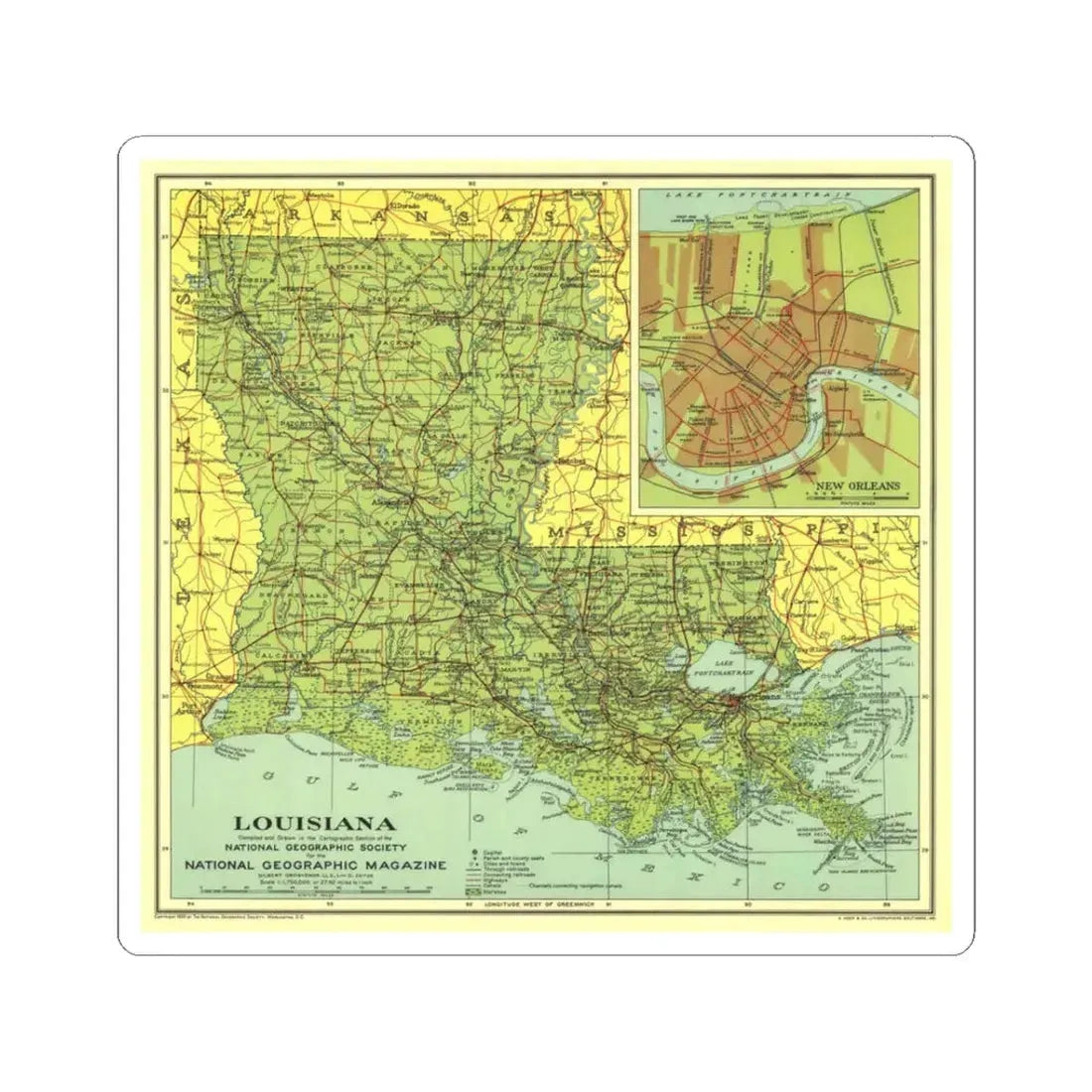 USA - Louisiana (1930) (Map) STICKER Vinyl Kiss-Cut Decal 3 Inch White - The Sticker Space