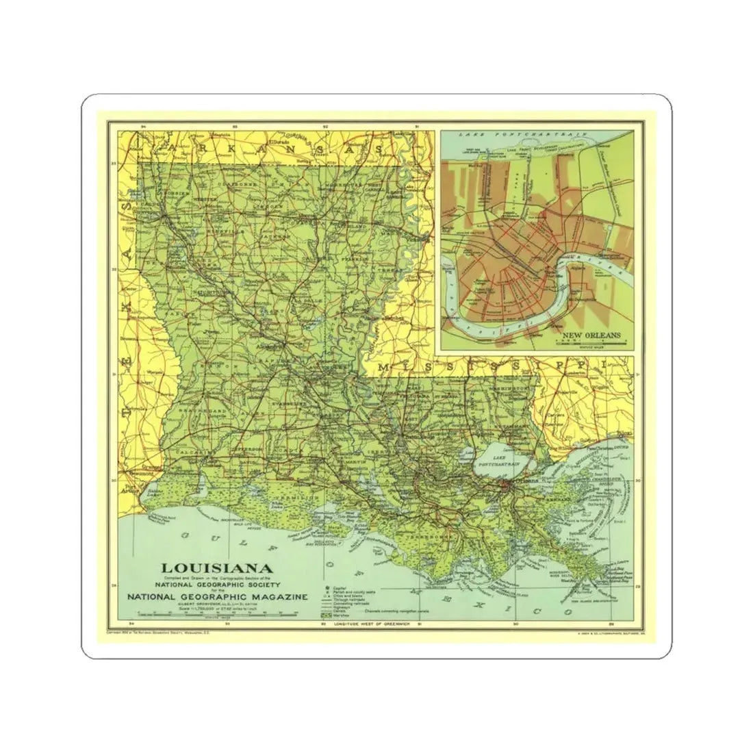 USA - Louisiana (1930) (Map) STICKER Vinyl Kiss-Cut Decal 4 Inch White - The Sticker Space