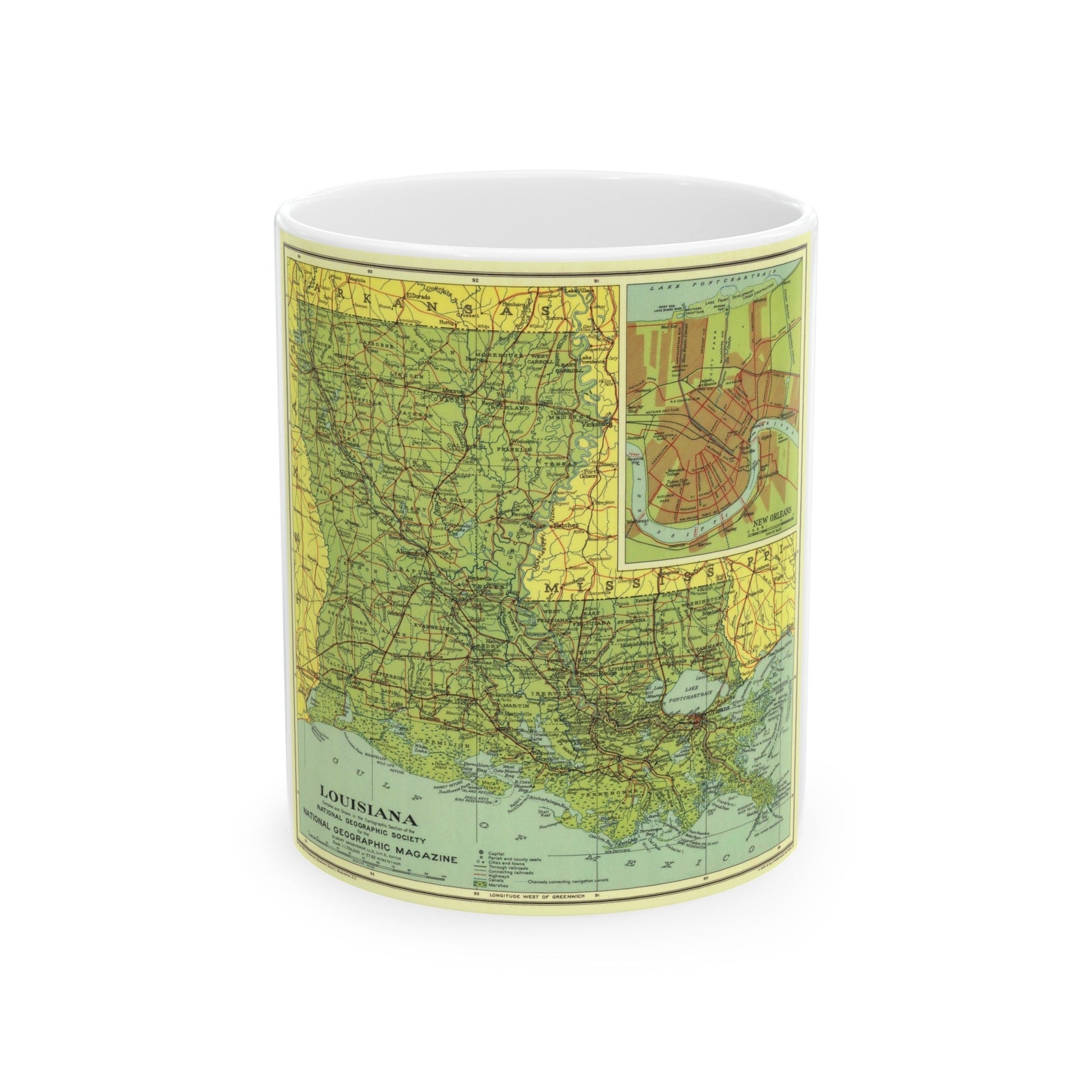 USA - Louisiana (1930) (Map) White Coffee Mug-11oz-The Sticker Space