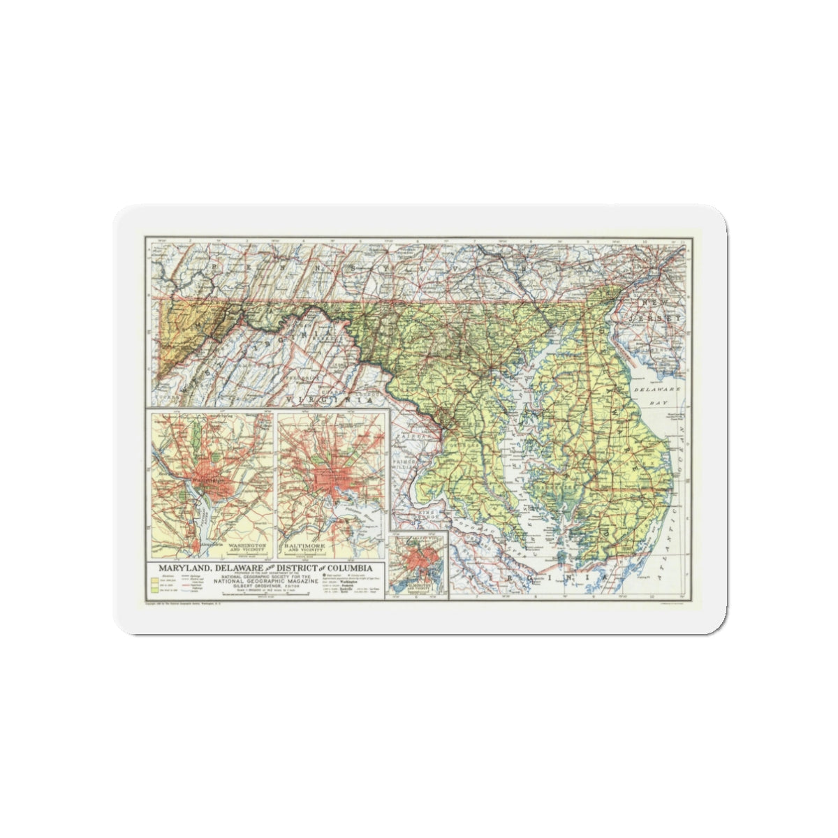 USA - Maryland, Delaware (1927) (Map) Refrigerator Magnet-3" x 3"-The Sticker Space