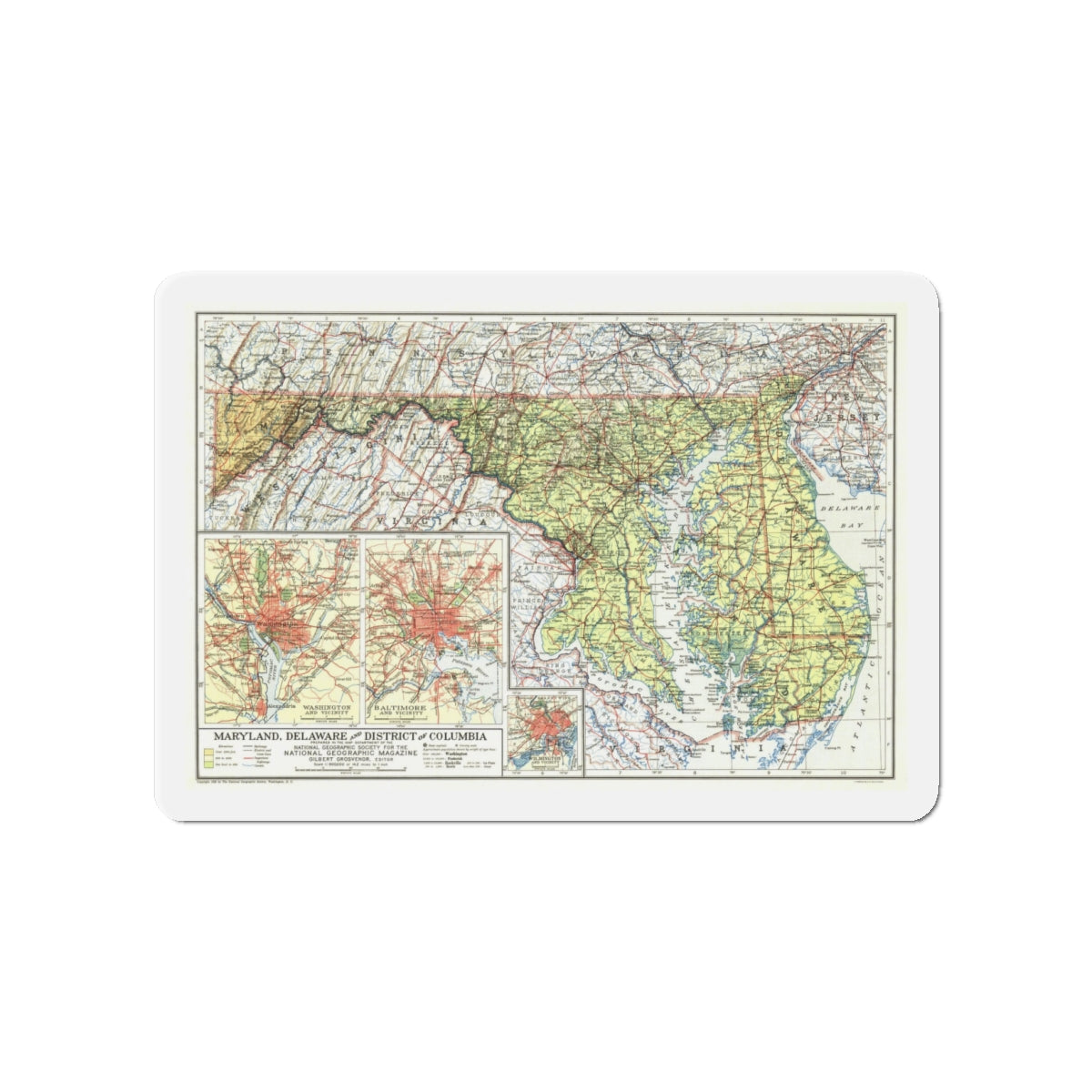 USA - Maryland, Delaware (1927) (Map) Refrigerator Magnet-4" x 4"-The Sticker Space