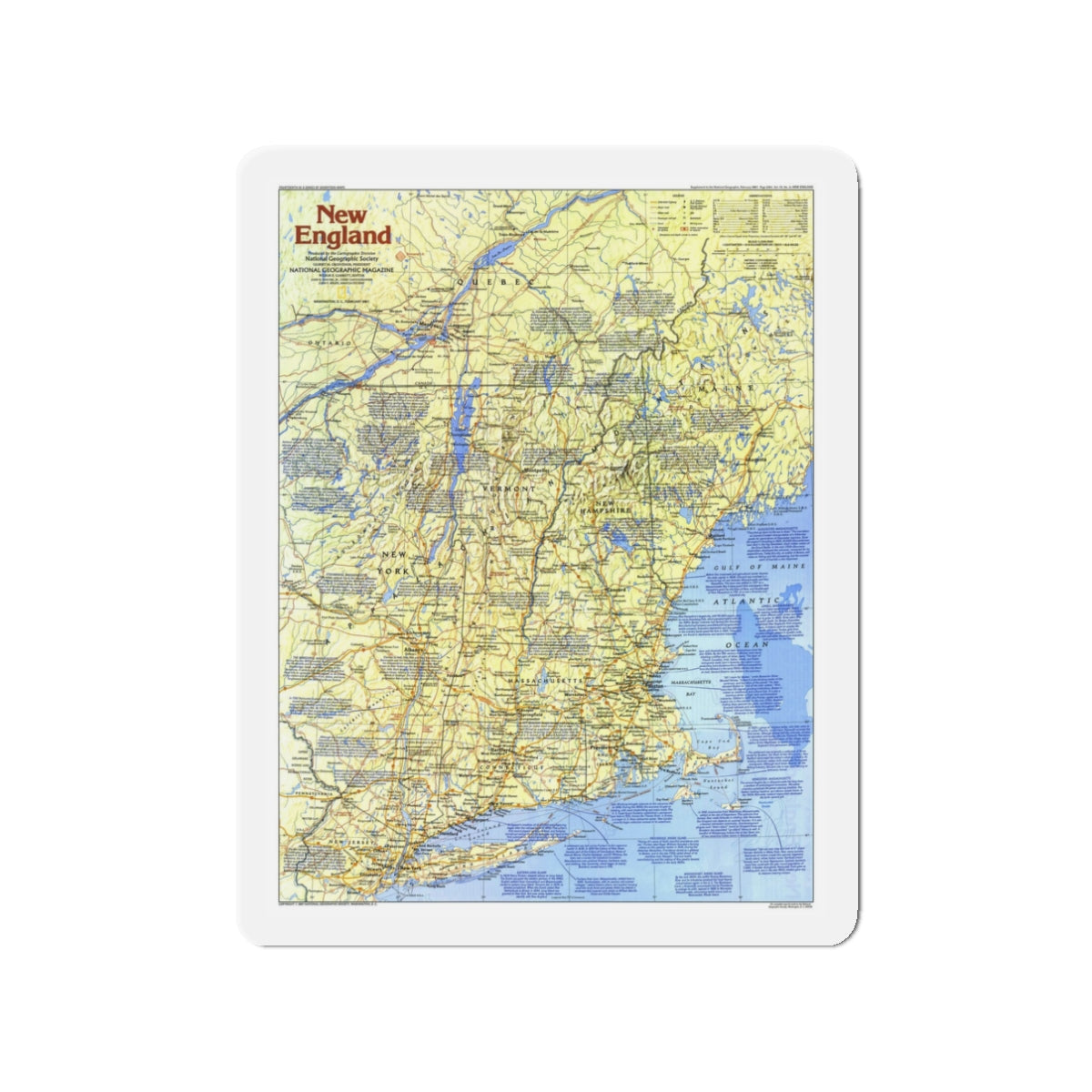 USA - New England 1 (1987) (Map) Refrigerator Magnet-3" x 3"-The Sticker Space