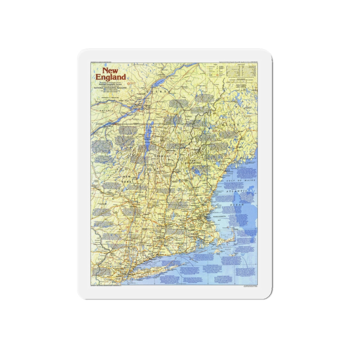 USA - New England 1 (1987) (Map) Refrigerator Magnet-4" x 4"-The Sticker Space