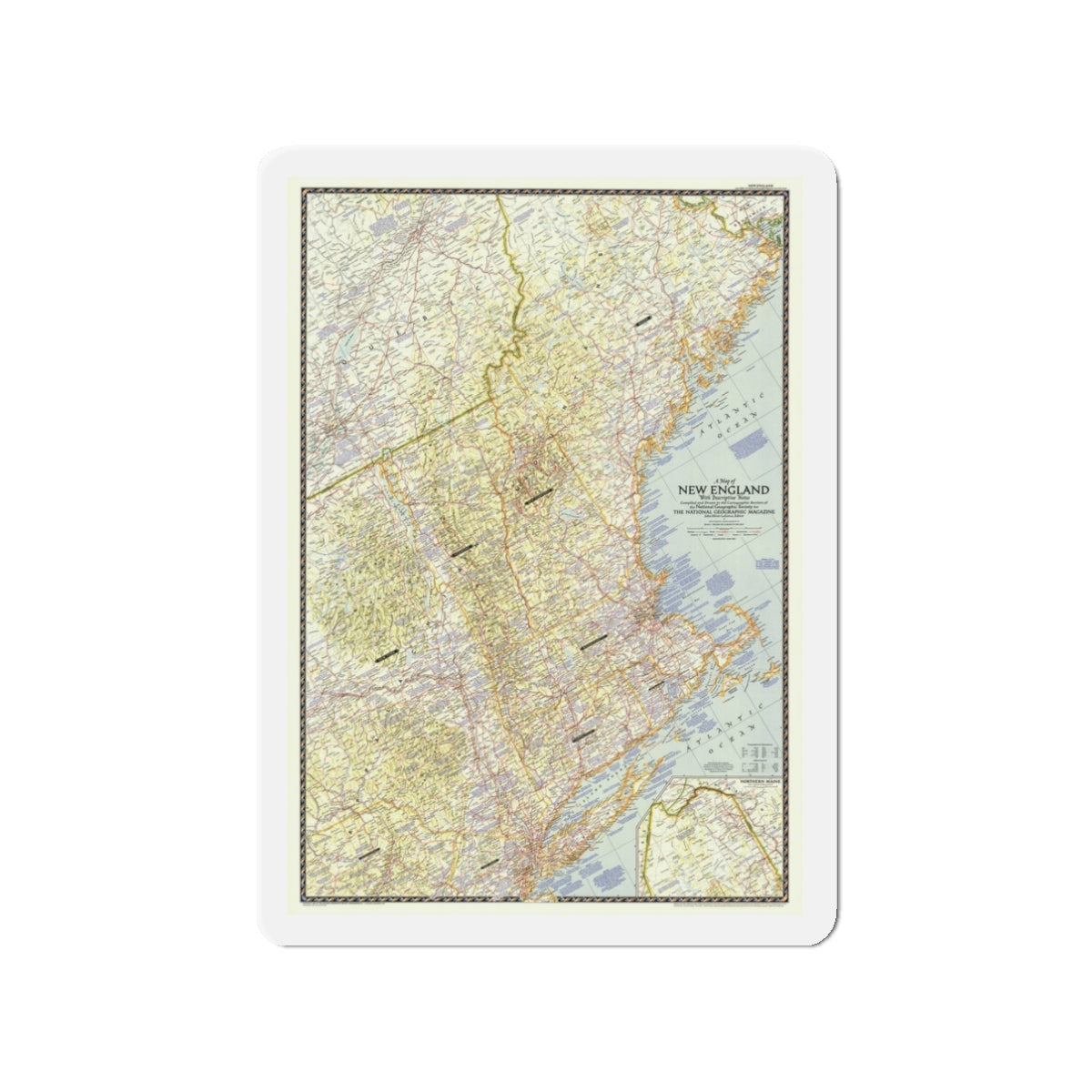 USA - New England (1955) (Map) Refrigerator Magnet-3" x 3"-The Sticker Space