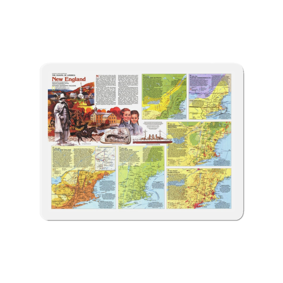 USA - New England 2 (1987) (Map) Refrigerator Magnet-4" x 4"-The Sticker Space