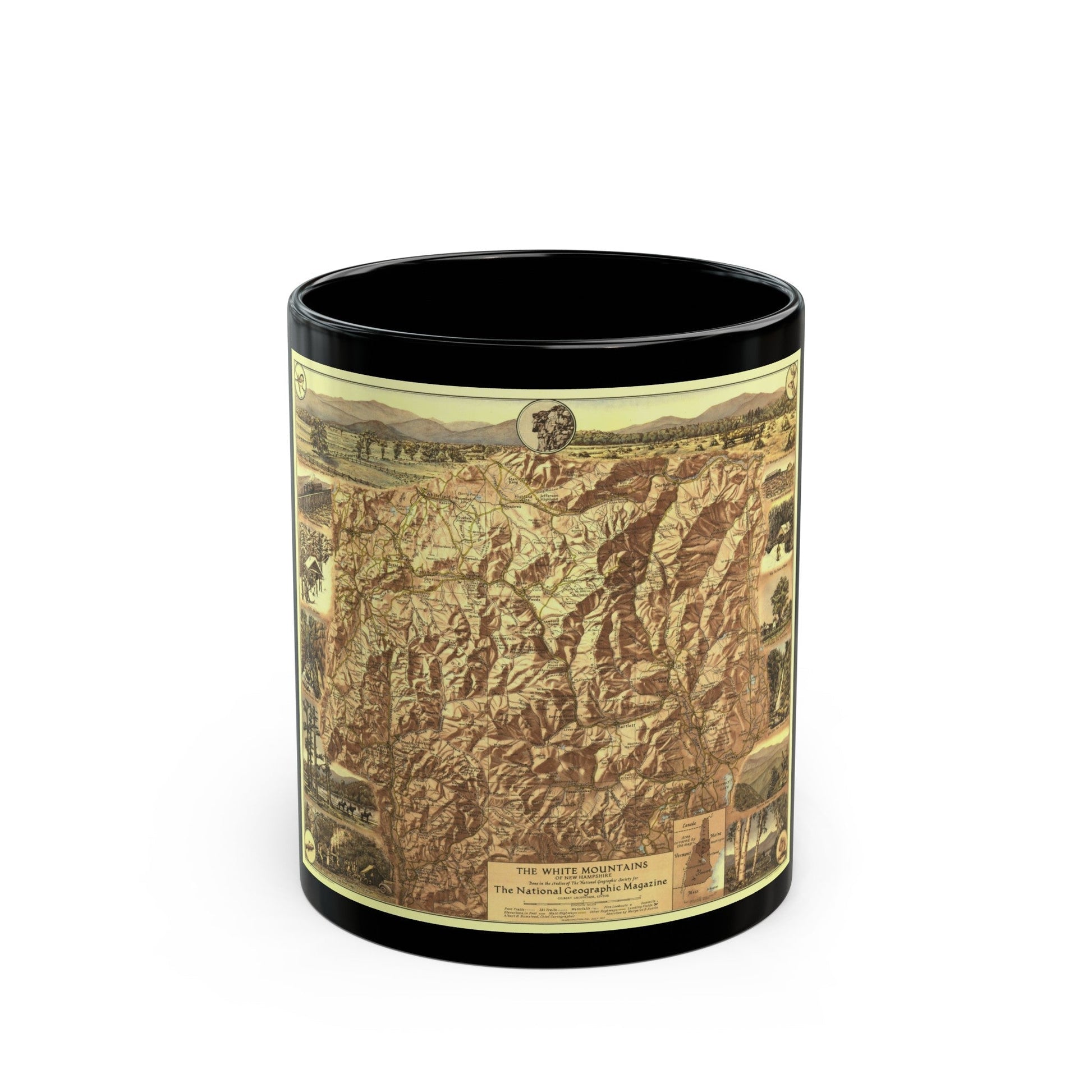 USA - New Hampshire's White Mountains (1937) (Map) Black Coffee Mug-11oz-The Sticker Space