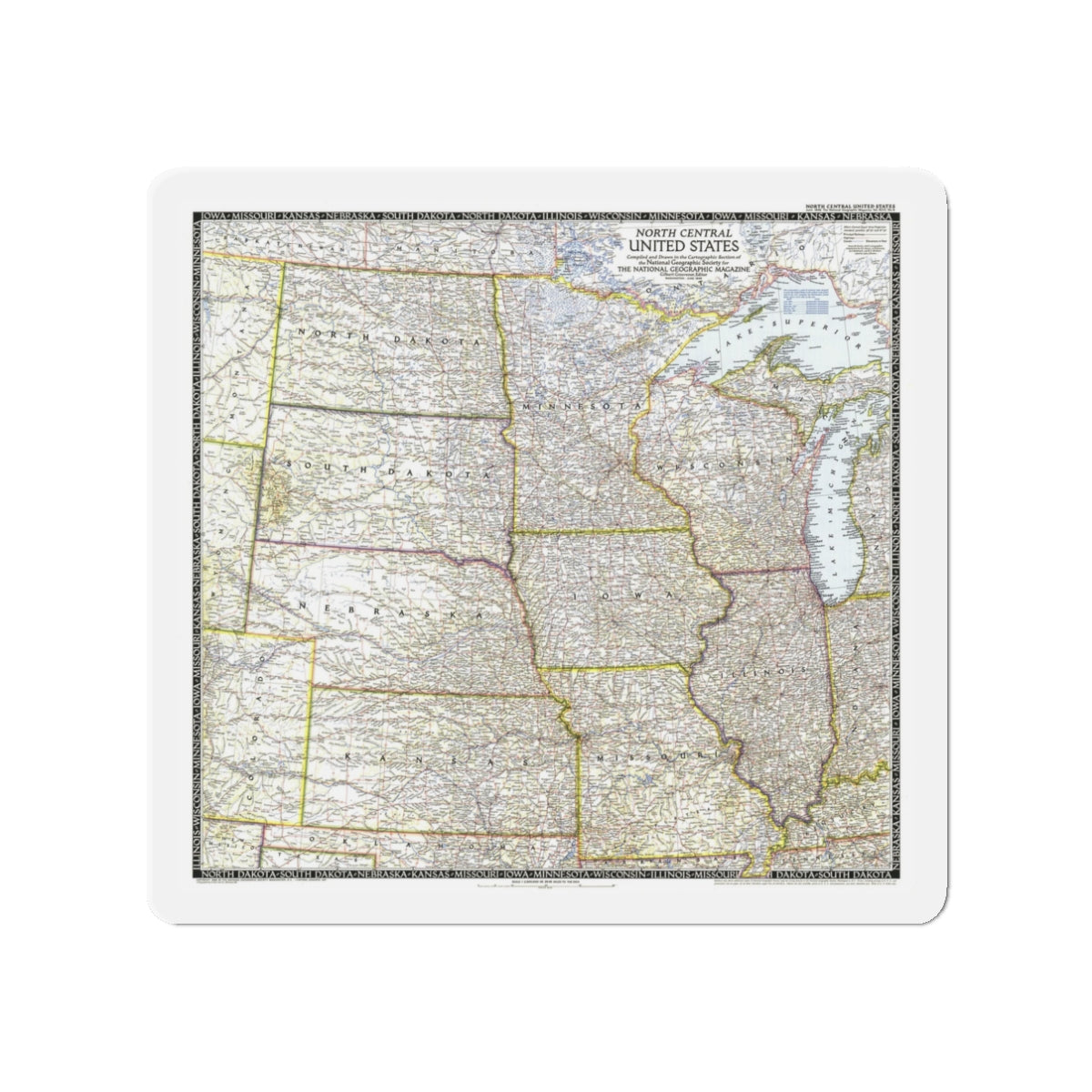 USA - North Central (1948) (Map) Refrigerator Magnet-3" x 3"-The Sticker Space