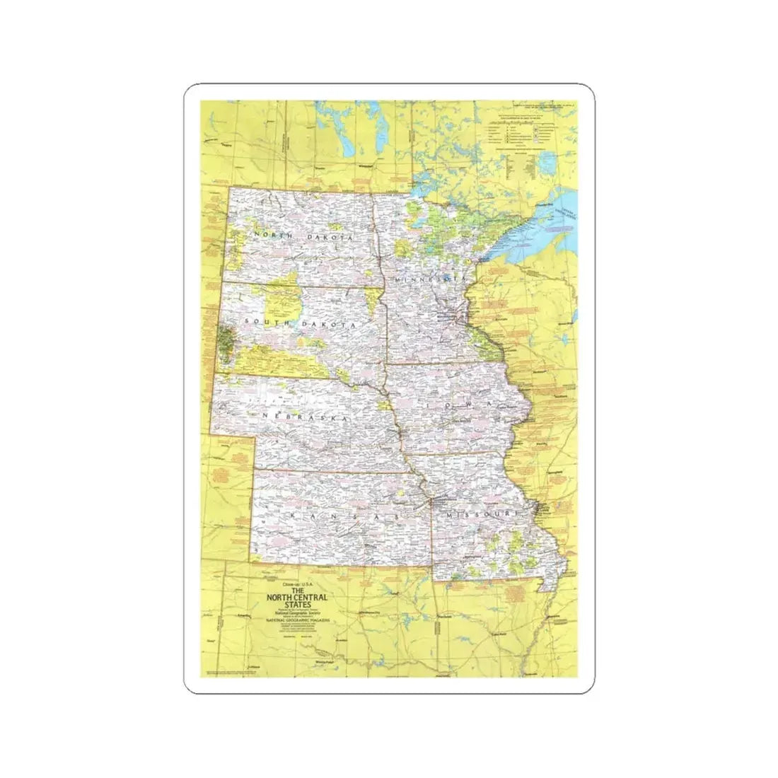 USA - North Central States 1 (1974) (Map) STICKER Vinyl Kiss-Cut Decal 4 Inch White - The Sticker Space