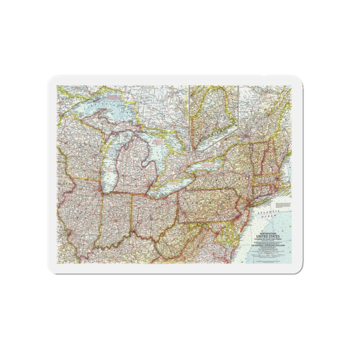 USA - Northeastern & Great Lakes (1959) (Map) Refrigerator Magnet-3" x 3"-The Sticker Space