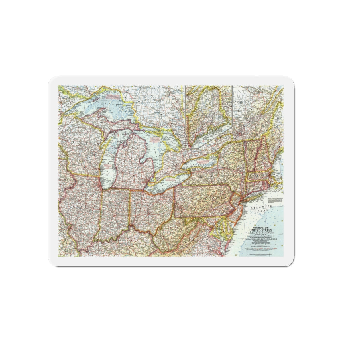 USA - Northeastern & Great Lakes (1959) (Map) Refrigerator Magnet-4" x 4"-The Sticker Space