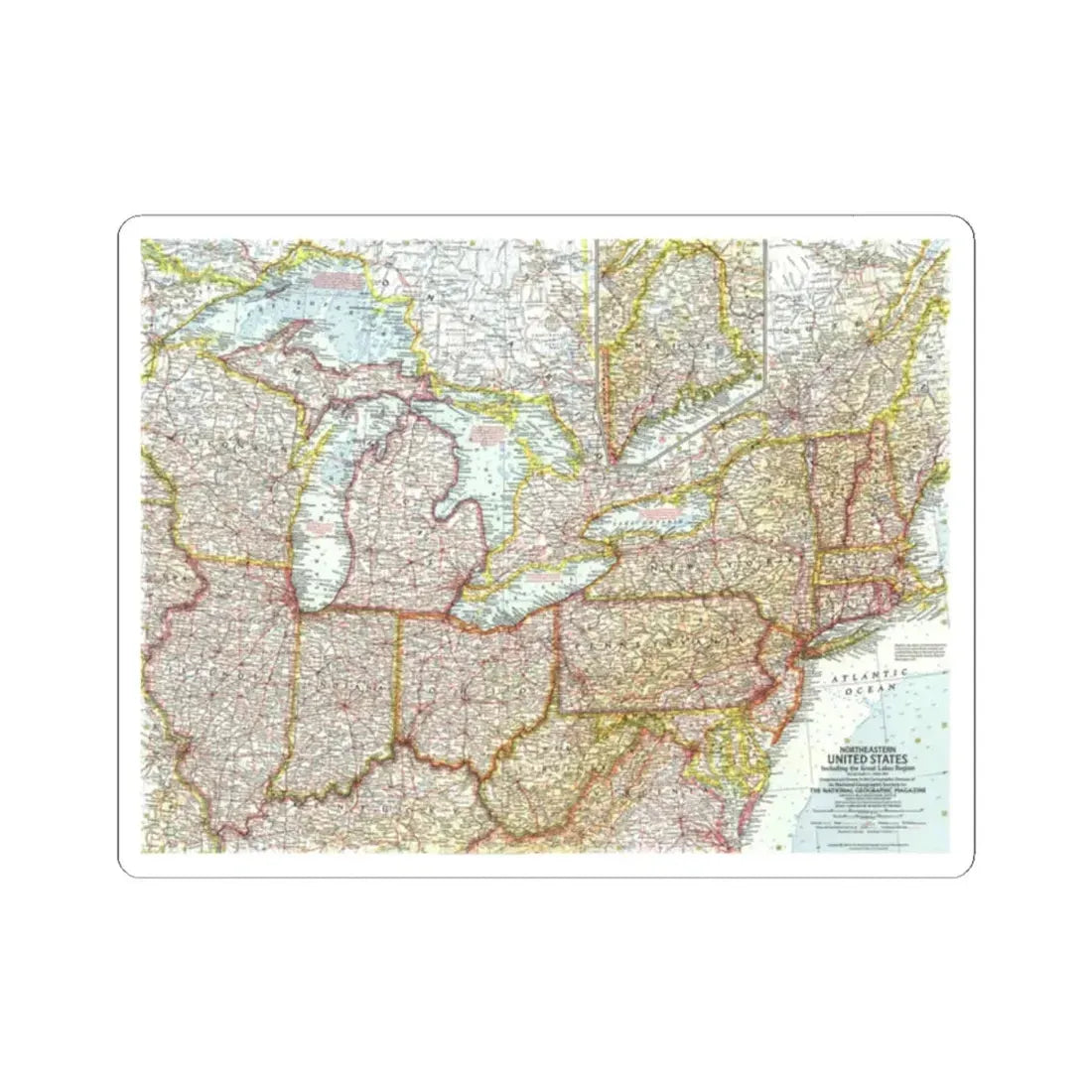 USA - Northeastern & Great Lakes (1959) (Map) STICKER Vinyl Kiss-Cut Decal 2 Inch White - The Sticker Space