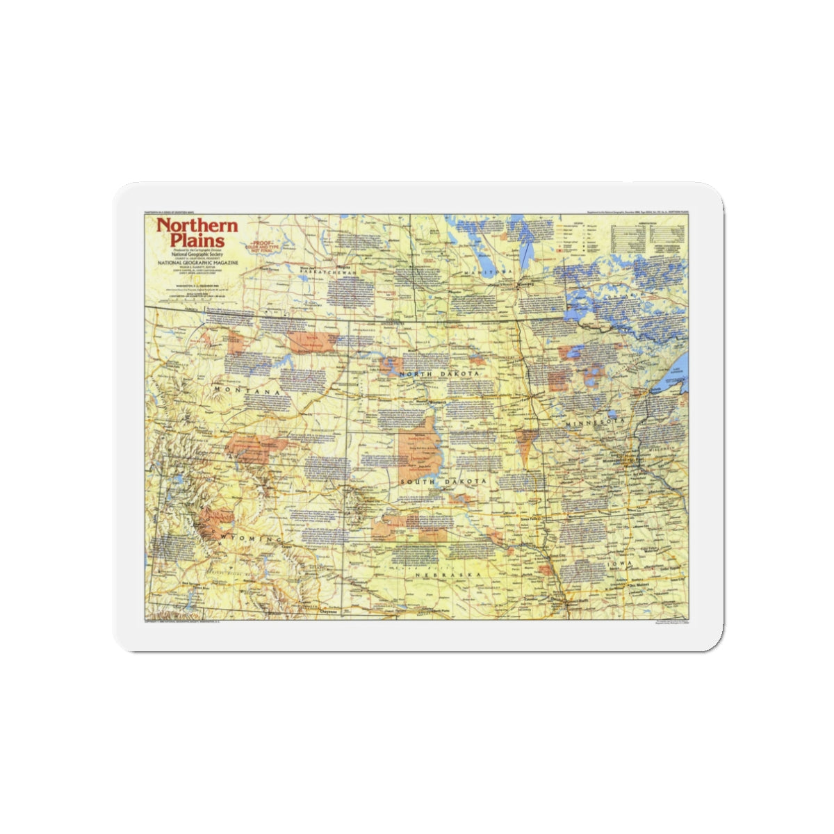 USA - Northern Plains 1 (1986) (Map) Refrigerator Magnet-3" x 3"-The Sticker Space