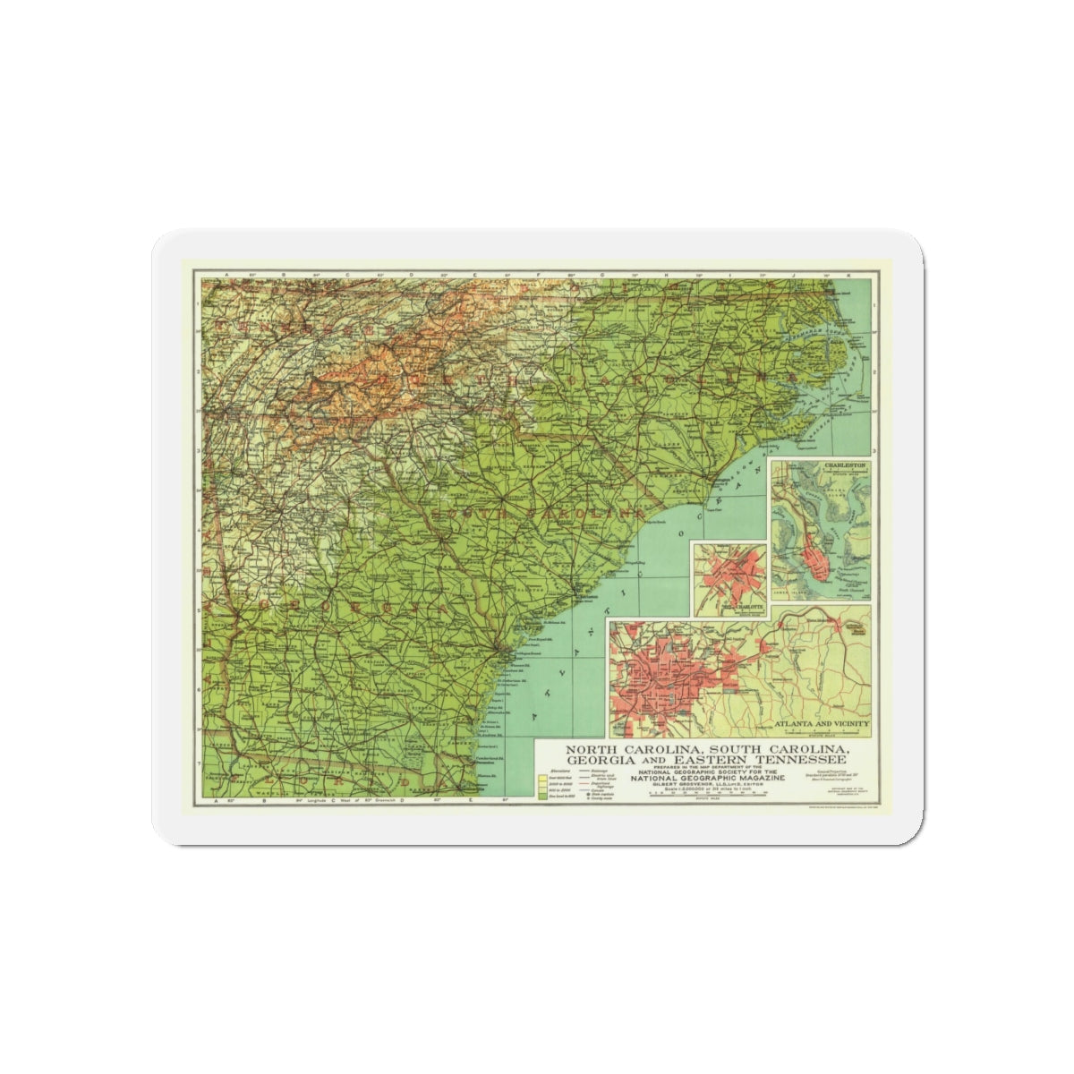 USA - Southeastern (1926) (Map) Refrigerator Magnet-4" x 4"-The Sticker Space