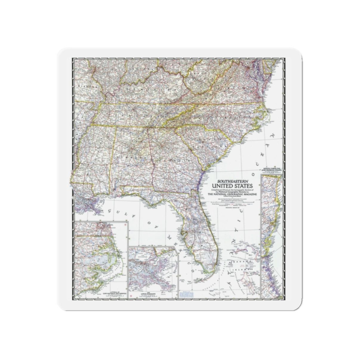 USA - Southeastern (1947) (Map) Refrigerator Magnet-2" x 2"-The Sticker Space