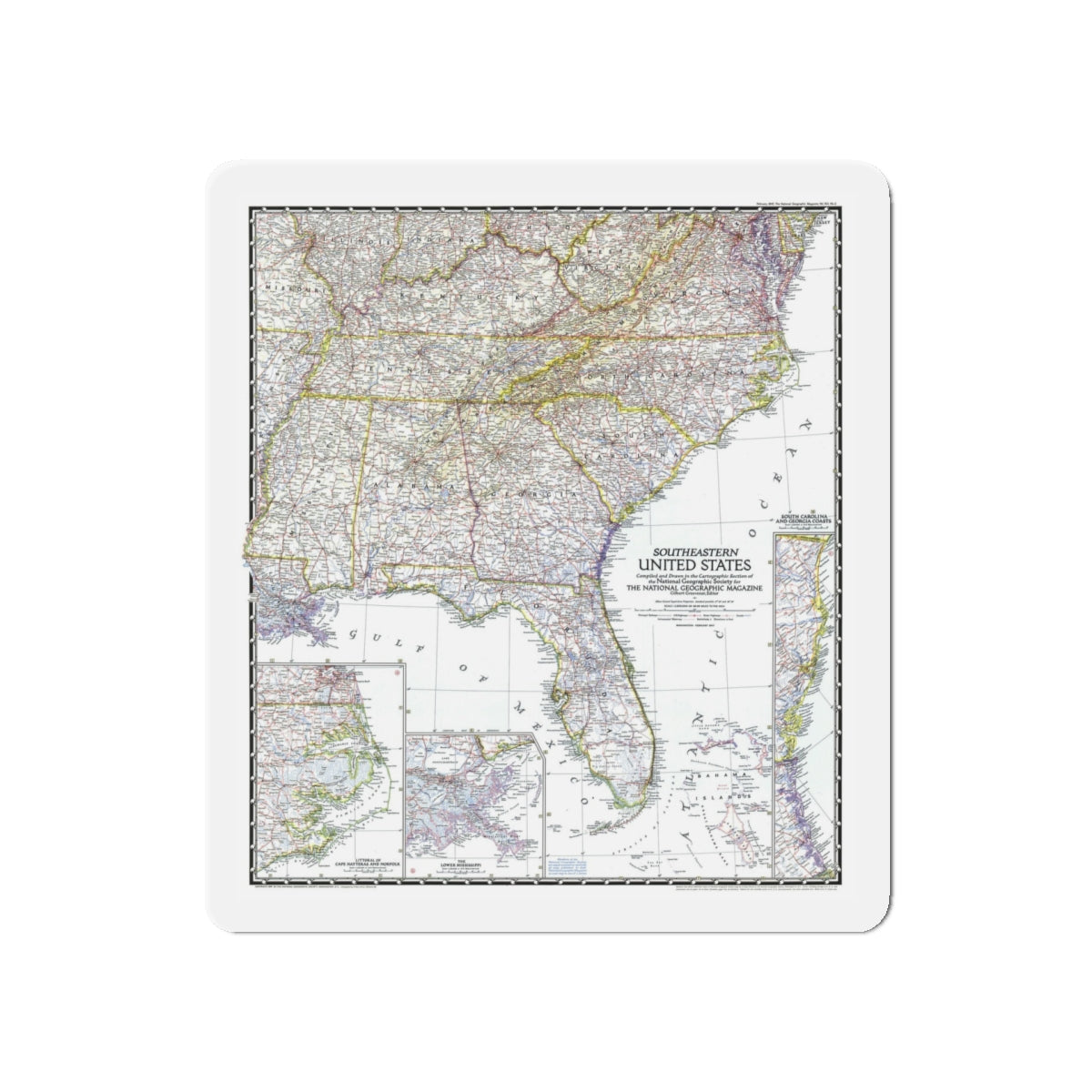 USA - Southeastern (1947) (Map) Refrigerator Magnet-5" x 5"-The Sticker Space