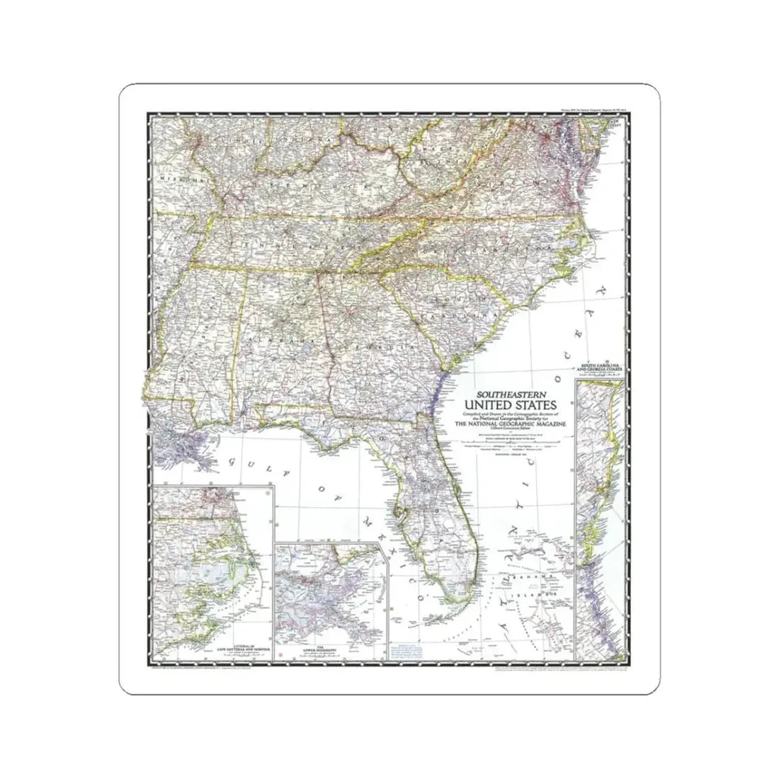 USA - Southeastern (1947) (Map) STICKER Vinyl Kiss-Cut Decal 3 Inch White - The Sticker Space