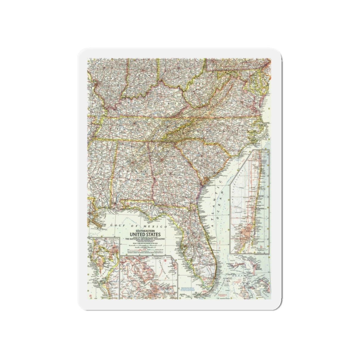 USA - Southeastern (1958) (Map) Refrigerator Magnet-3" x 3"-The Sticker Space