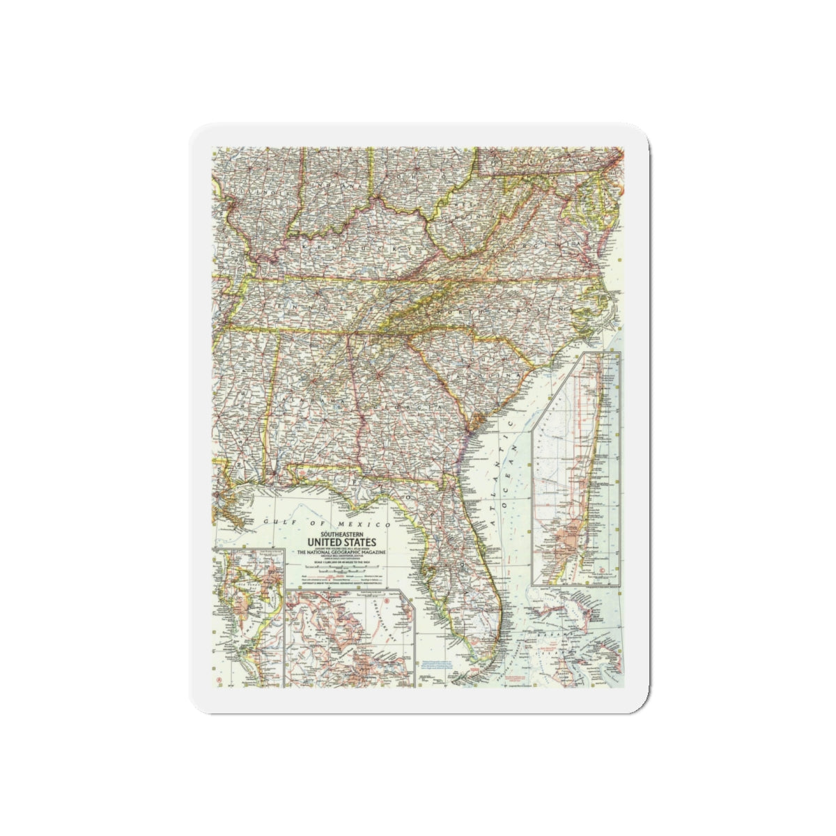 USA - Southeastern (1958) (Map) Refrigerator Magnet-5" x 5"-The Sticker Space