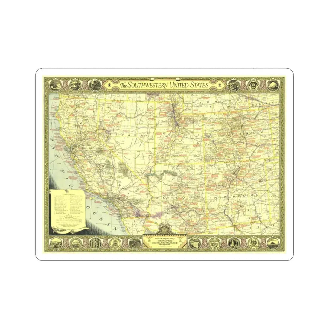 USA - Southwestern (1940) (Map) STICKER Vinyl Kiss-Cut Decal 3 Inch White - The Sticker Space