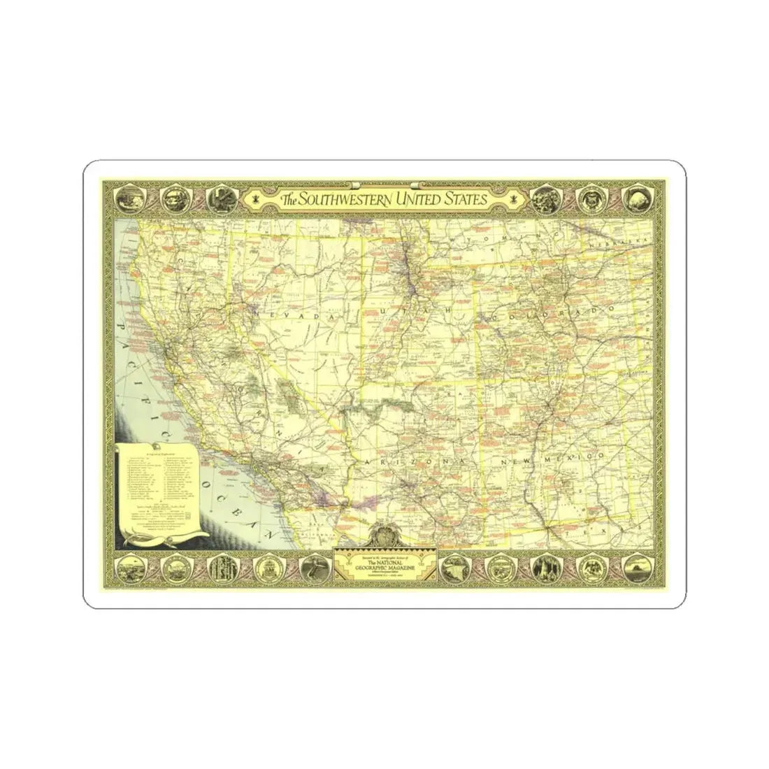 USA - Southwestern (1940) (Map) STICKER Vinyl Kiss-Cut Decal 4 Inch White - The Sticker Space