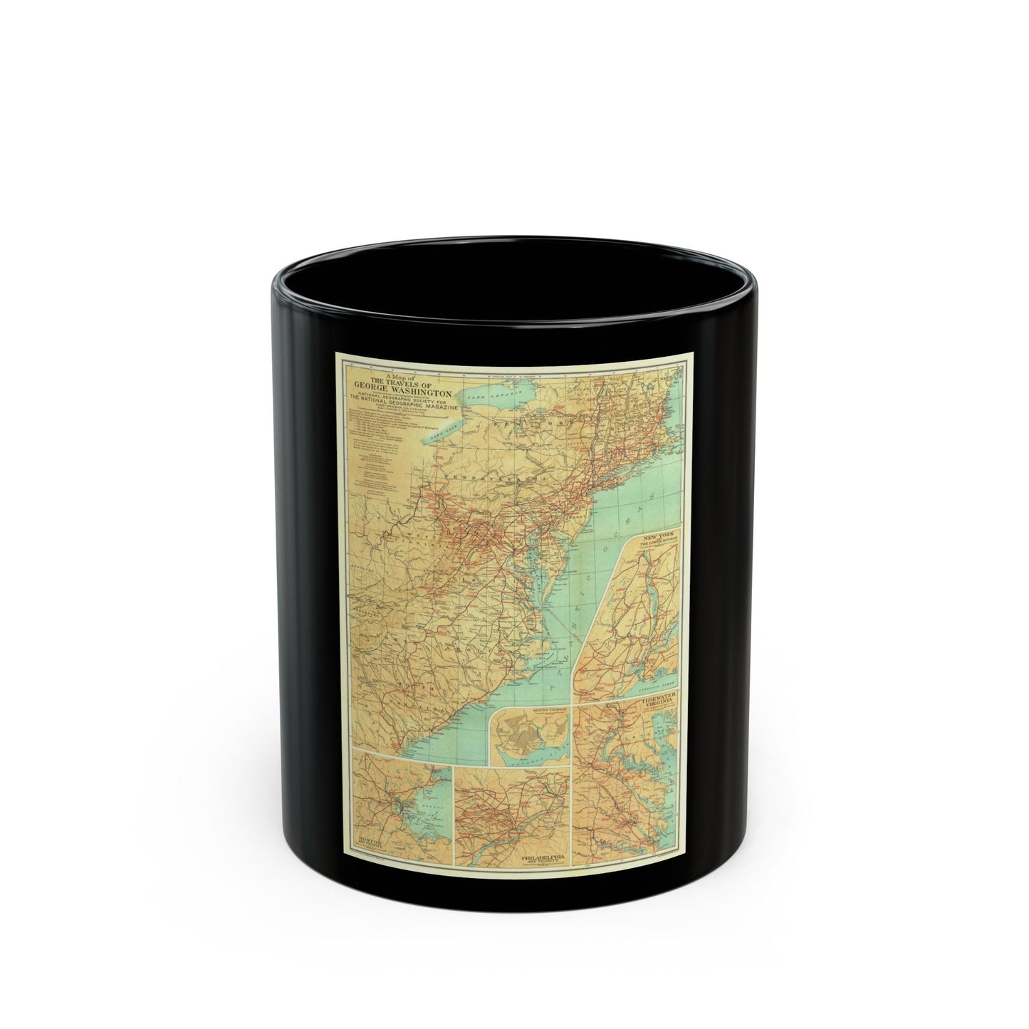 USA - Travels of George Washington (1932) (Map) Black Coffee Mug-11oz-The Sticker Space